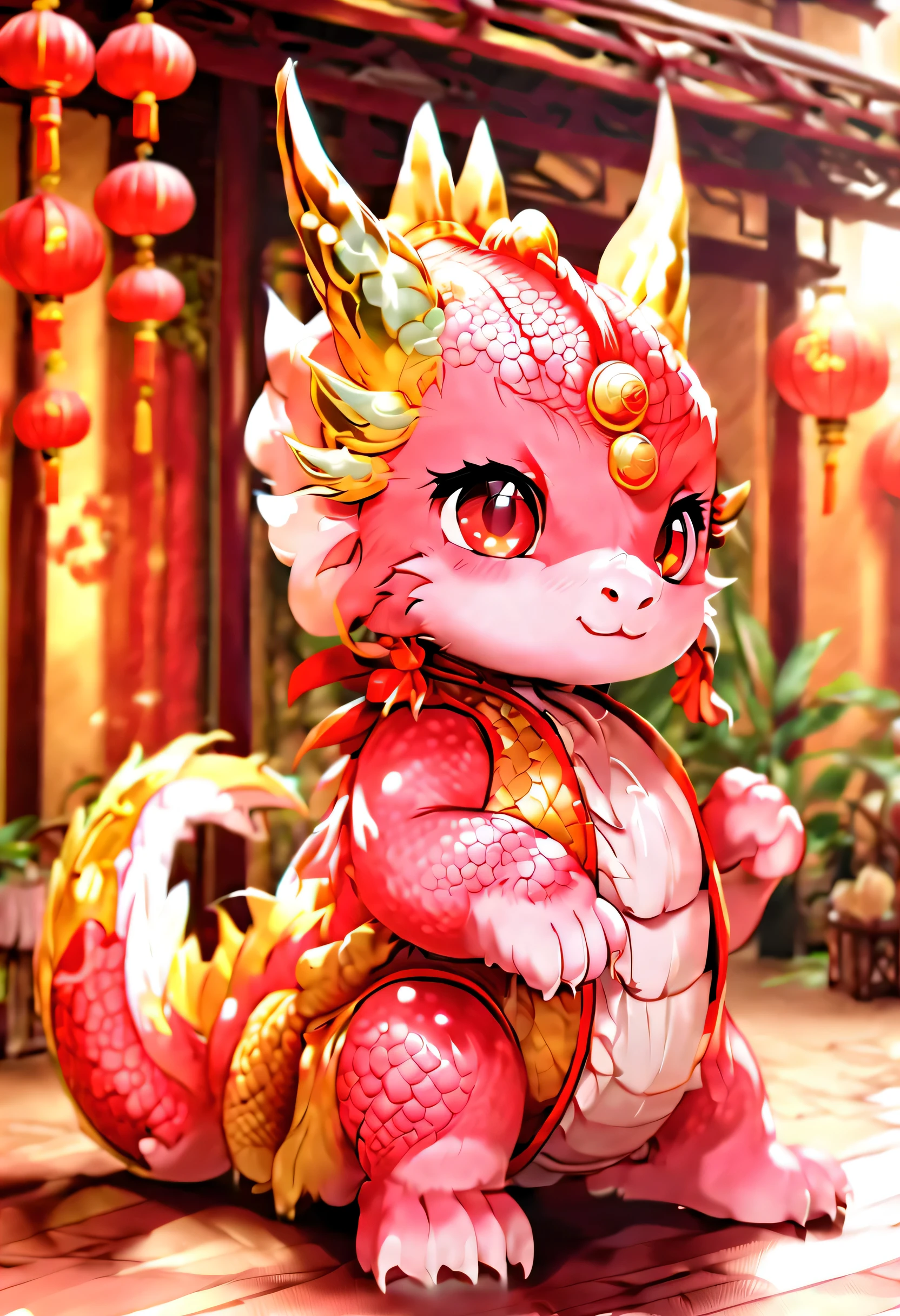 There is a pink dragon, sleep, lying down, long, 3D cloud surround, Cartoon Cute, baby, There are gold and red decorations, 光滑的Chinese dragon, 8k octave rendering photo, colored zbrush render, Japanese mascot 3D model, Chinese Silk 3D Dragon, 3D rendering stylization, Chinese dragon concept art, Inspired by Puhua, Chinese dragon, Cute little dragon, Red realistic 3D rendering, Ultra-detailed rendering