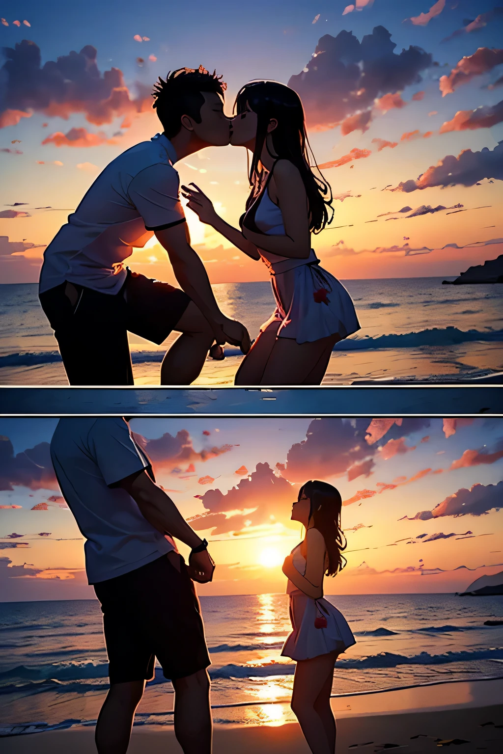 arafed couple kiss on the beach at sunset with the 太阳落山ting, gorgeous Romantic sunset, Romantic!!!, Romantic couple, Romantic, couple kiss, User photo, kiss, lovely kiss, with sunset, kiss together, under beautiful sunset