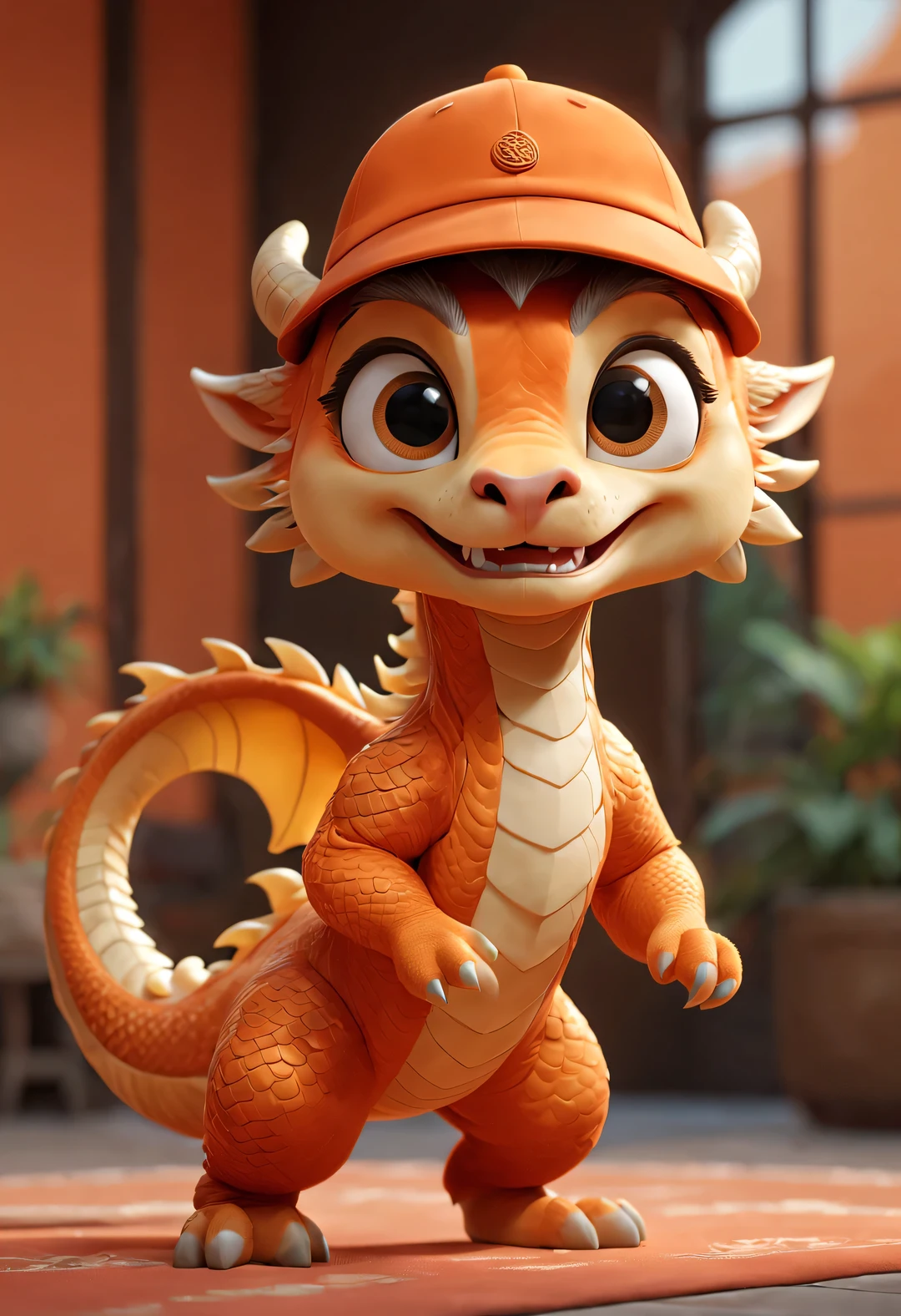 Super cute Pixar style anthropomorphic Chinese dragon, Wearing orange pajamas, permanent, Charming big eyes, Cute tail, Wearing a cute orange hat, orange background, Surreal, Super details, Berets, luxury, 3D, Cinema lighting, Super clear details, ultra clear material, close up, Complex textures, octane rendering, Brushes, 8k, VRAY Surreal 4K. HD,