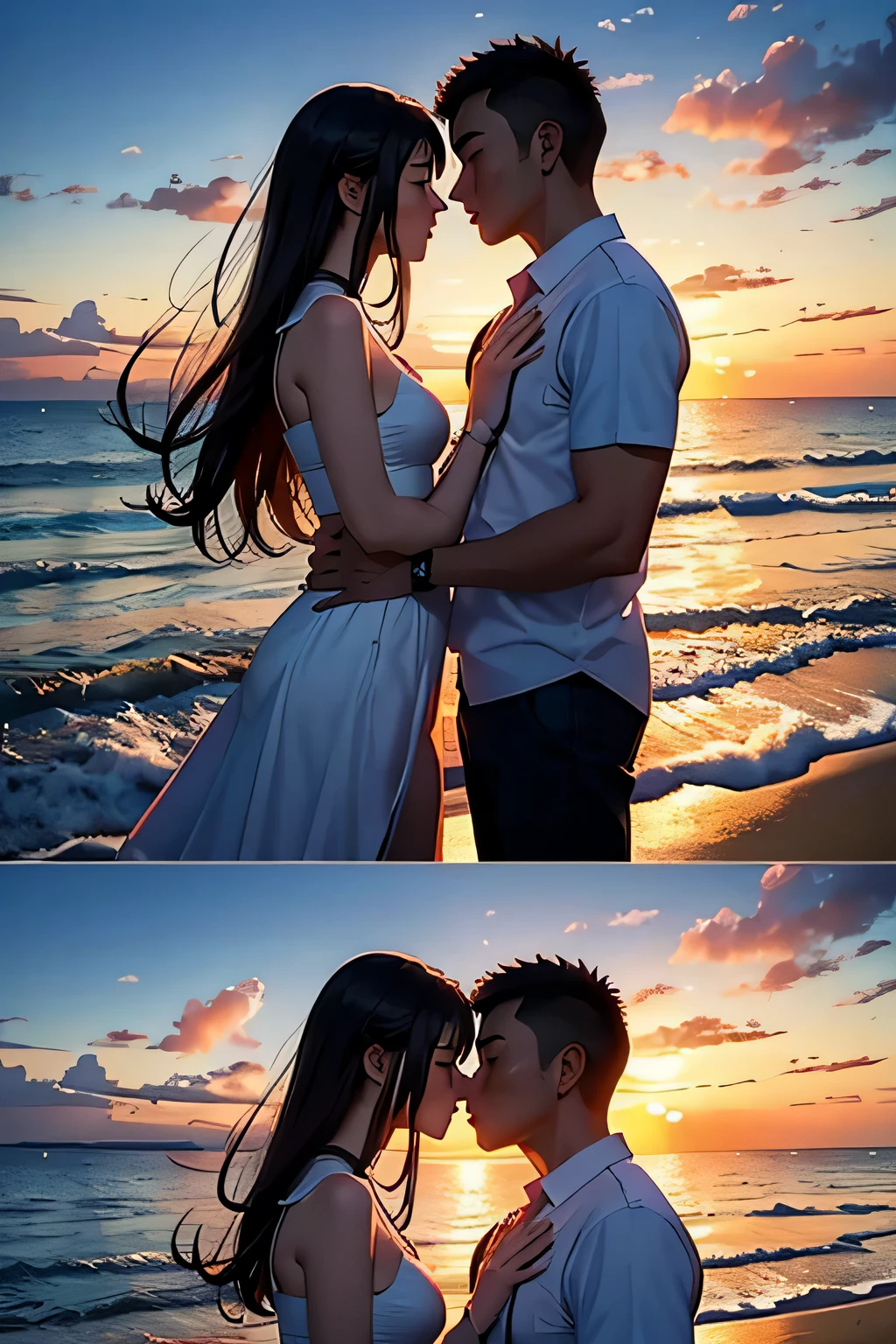 arafed couple kiss on the beach at sunset with the 太阳落山ting, gorgeous Romantic sunset, Romantic!!!, Romantic couple, Romantic, couple kiss, User photo, kiss, lovely kiss, with sunset, kiss together, under beautiful sunset