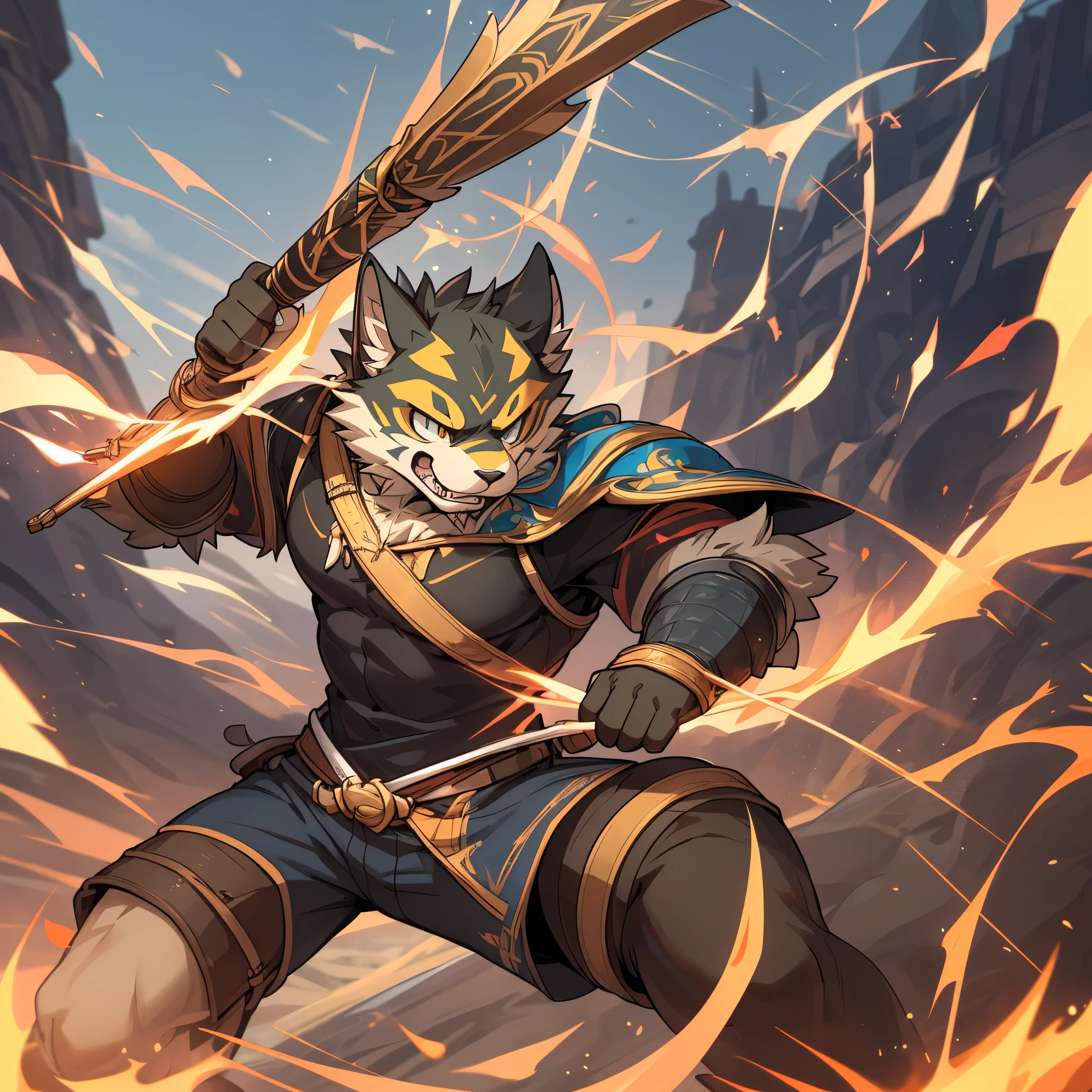 top quality, high-quality illustrations((masterpiece))depth of field, motion blur, absurdres, Perfect Anatomy, magnificent picture of kemono fighting fierce battles, kemono, 1boy, solo focus, Anthro((dramatic))epic, weapon, dynamic pose, One scene of movie,