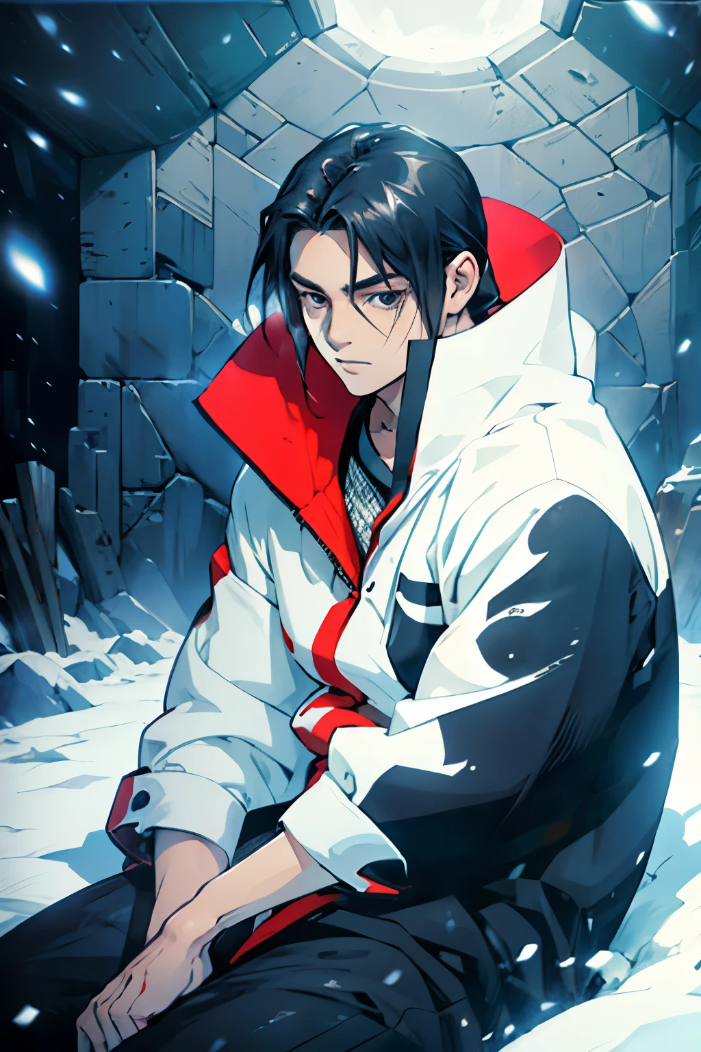 A boy, black hair, dark eyes, black clothes, sitting in an igloo in the snows.