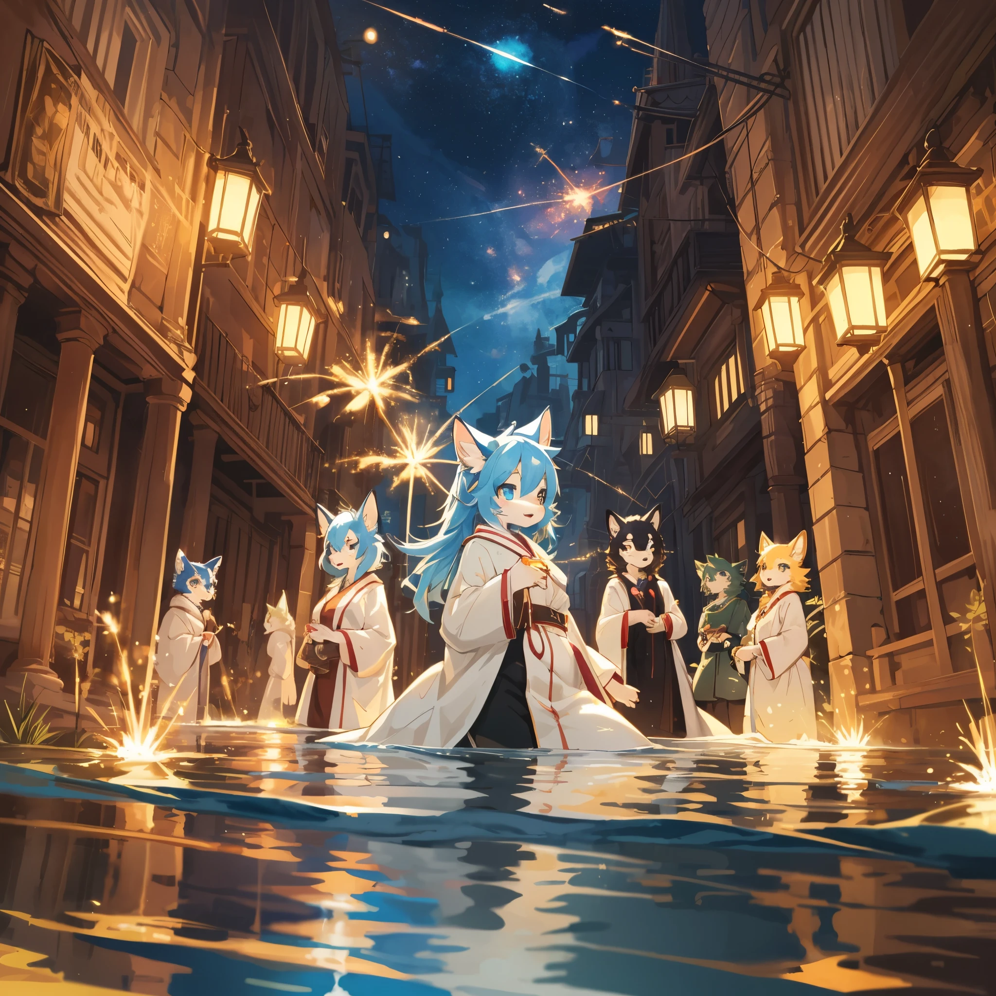 top quality, best quality, High-quality illustrations, masterpiece, super high resolution, detailed background, bathrobe, nigh sky, sparklers, lake, Water surface reflection, 6+boys, 6+girls, absurdres(highly detailed beautiful face and eyes)perfect anatomy, expression, good lighting, cinematic shadow(kemono, furry anthro)assorted poses, dynamic angle,