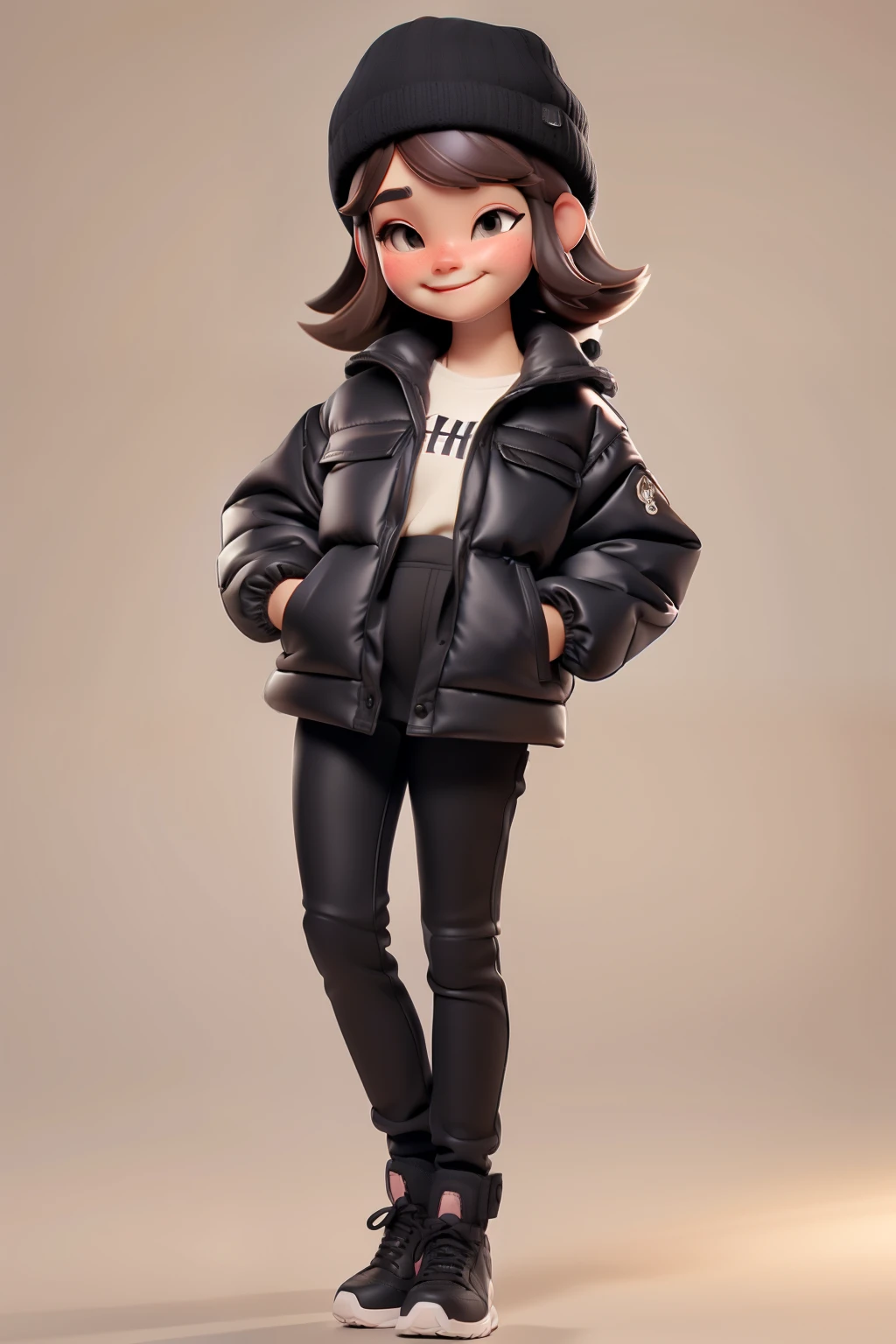 (masterpiece), (best quality), (Super detailed), (whole body: 1.2), a girl, chibi, Lovely, Smile, open mouth, Dance, Dance Hip Hop, standing posture, hands in pockets，blush, Long black down jacket， Long black down jacket， Long black down jacket，White sports thank you, Black woolen hat， Black woolen hat， Black woolen hat，short hair, brown hair, blush Stripe Sticker, long sleeves, black hair, sports shoes, Pants, 3D clay rendering, White background, (Beautiful and delicate face), (beautiful details eyes),