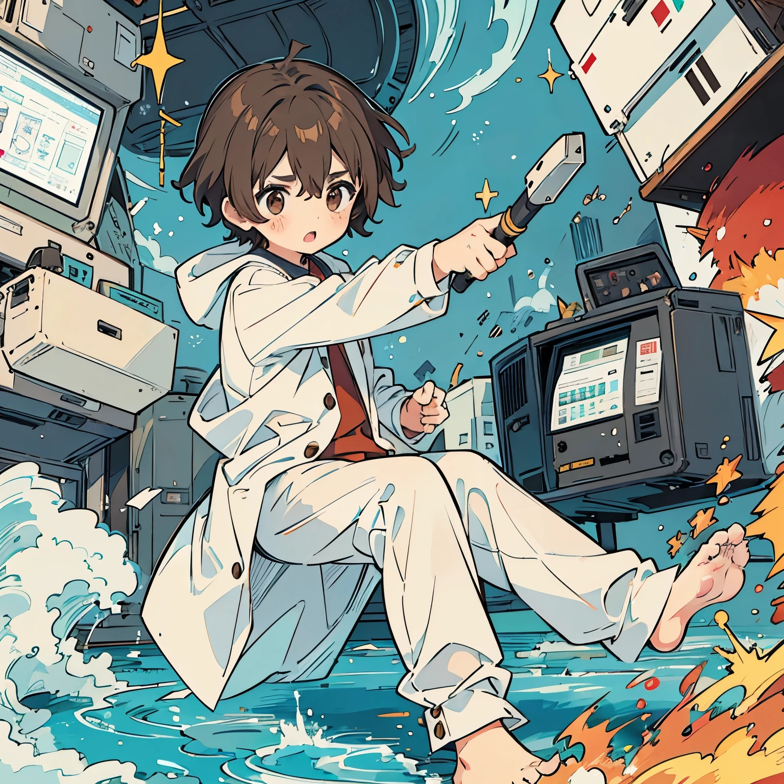 A 5-year-old brown-haired boy wearing white pajamas is hitting the machine with a hammer as hard as he can.