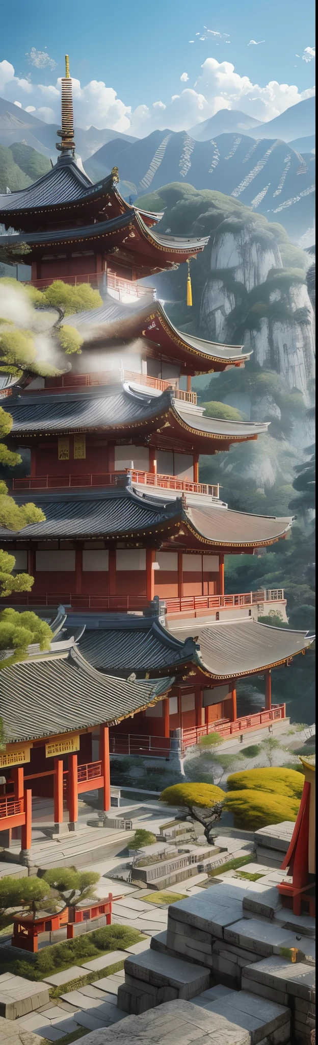 digital painting of a pagoda, ross tran. scenic background, dojo on a mountain, japanese temple, zen temple background, chengwei pan on artstation, very detailed digital painting, detailed scenery —width 672, temple background, inspired by Torii Kiyomasu, cyberpunk japanese temple