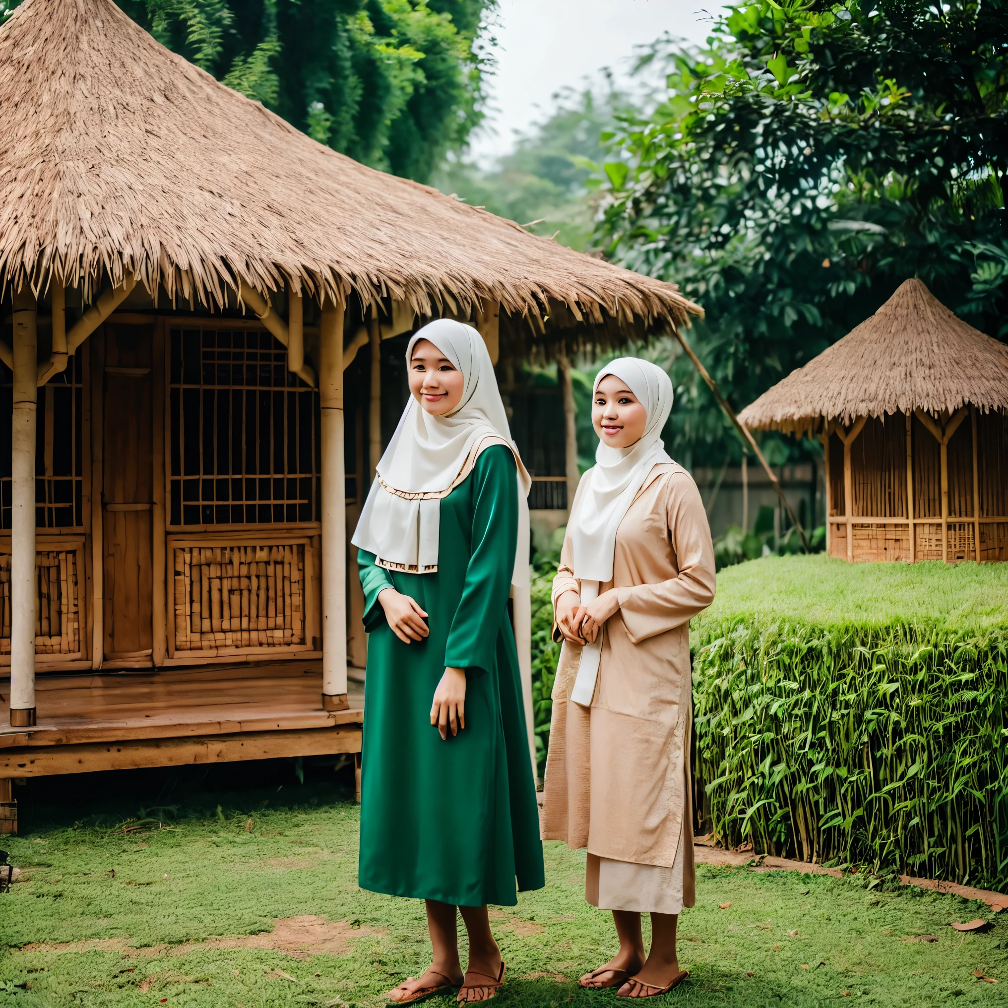 3 beautiful Indonesian hijab woman, round face, wearing a muslimah dress made from dry brown leaves. standing in front of a house made of rattan, mushroom-shaped house, heavy rain with waterlogged ground, green grass, morning, tipi fog, green forest, soft focus, 55mm lens, looking at viewer.