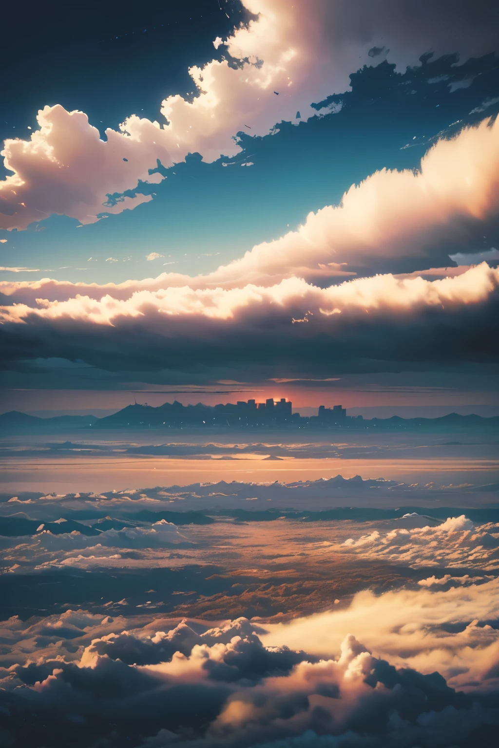 Vast and majestic skyline、The big sky occupies two-thirds of the photo、There a deserted Japan city in the distance