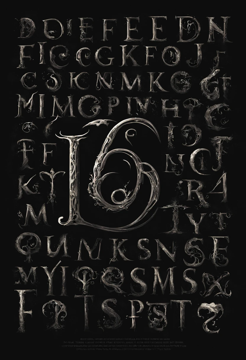font design, dark fantasy, creative, alphabet poster
