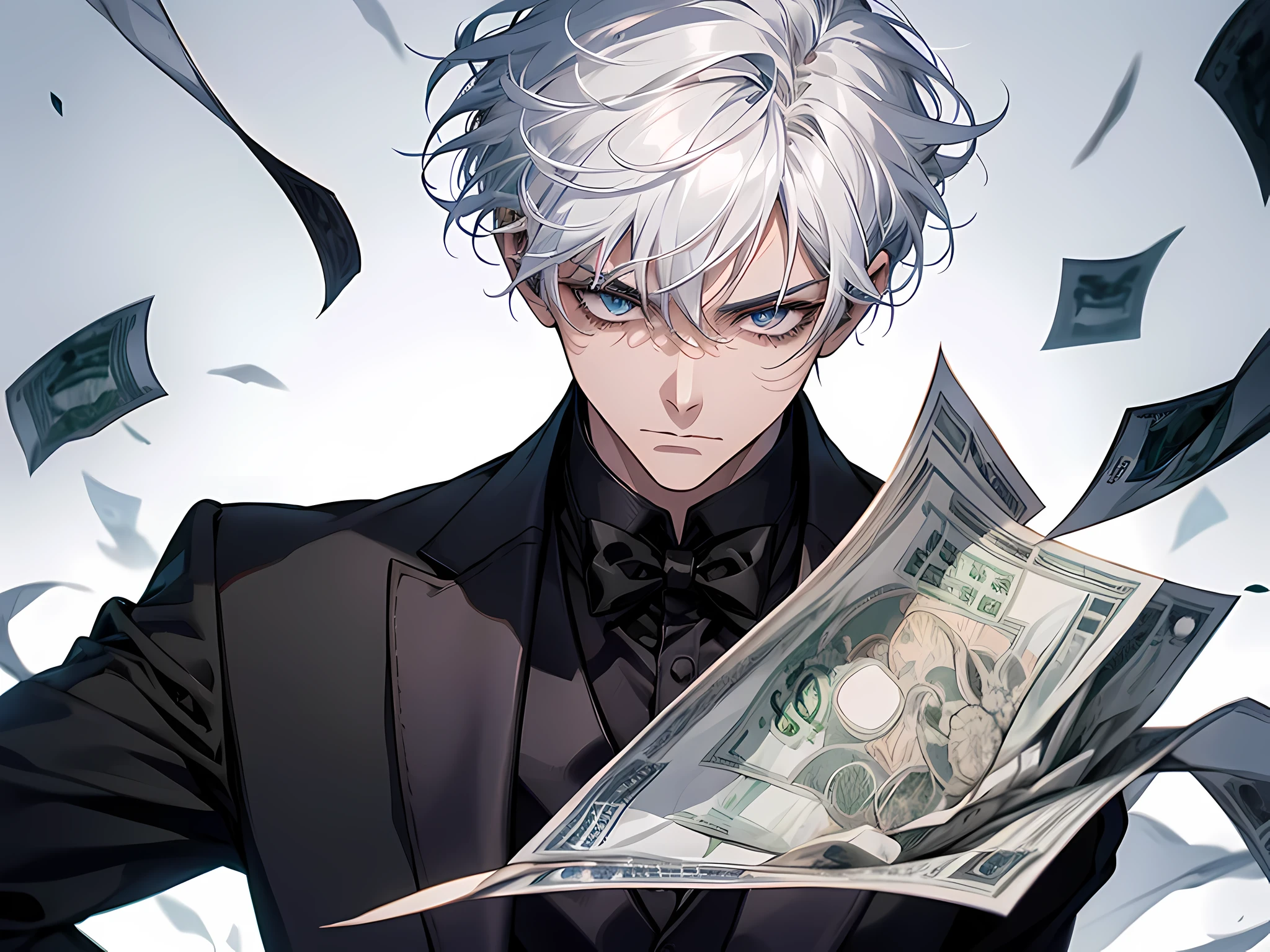 1 man, wearing tuxedo, short hair, half black half white hair, detailed eyes, face to detail, arrogant facial expression, standing pose, show off his money, money flying around him, the background is beijing city, close up illustration