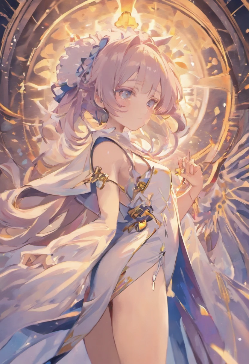 Wearing a simple and holy white robe，The openings on both sides are very high，Show off your flawless legs，The complexion is like snow，Clear and beautiful，There is an indescribable charm，Dignified and holy，Mature charm，Amorous and subtle，Sweet and playful，Like a young girl from ，With extremely shiny black hair，blue eyes