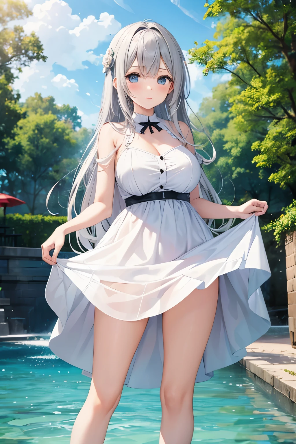 White dress、Translucency、girl、gray hair、No panties、woman、big breasts、height、slender、lake、White dress