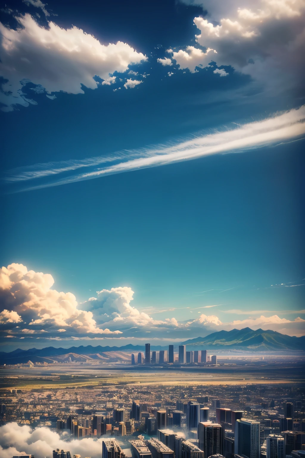 Vast and majestic skyline、The big sky occupies two-thirds of the photo、There a deserted Japan city in the distance