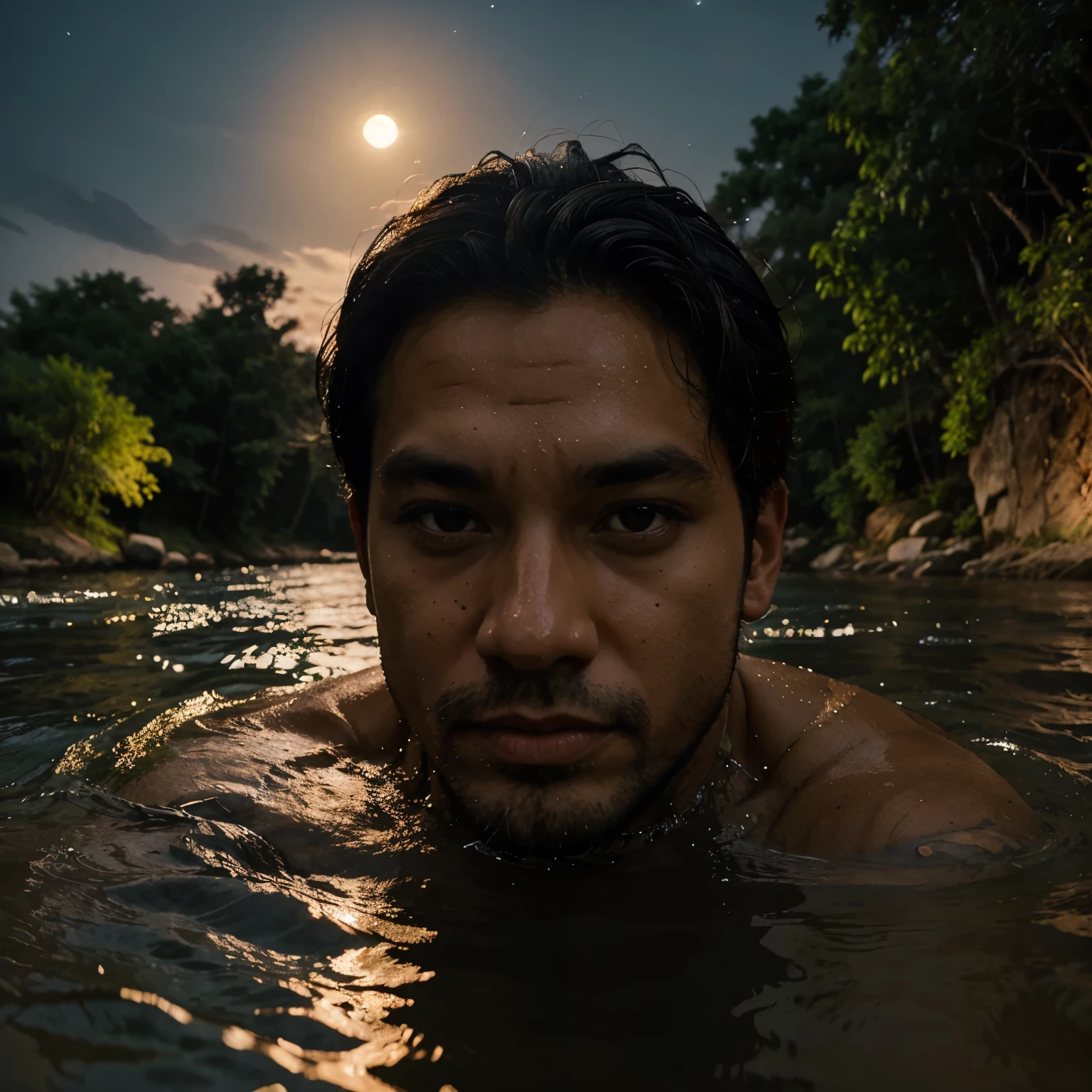 A man and a tiger swim in the river at night. Full-face view. Illuminated by the full moon.