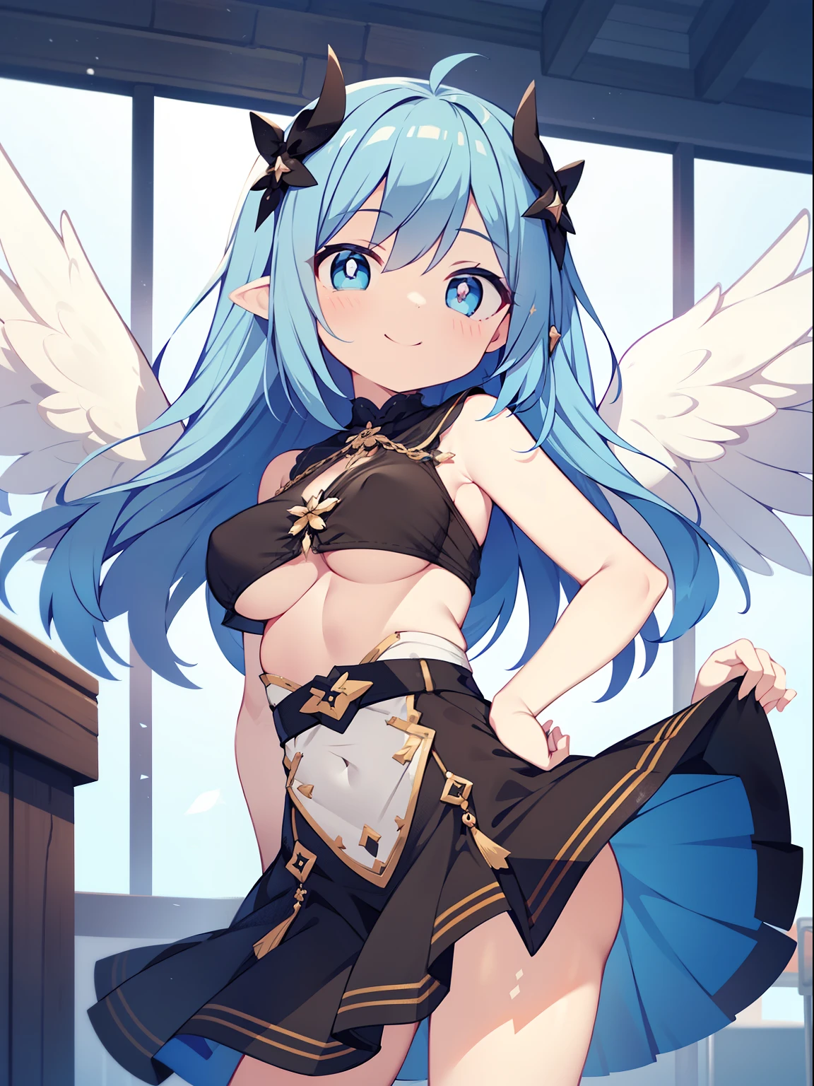 (angel girl:1.2), (1 person:1.2),(10 year old girl)、young girl、big breasts、 nffsw、shader、highly detailed eyes、big breasts、loose and fluffy long hair,,、underboob、Glossy cleavage、blue hair、angel wings、silky hair、Angel attire(Black thin dress、plain colors、mini skirt、plain colorsのシルク手袋)、Very complex pupils、highest quality、bright colors、Bust 100、rests、Standing picture of the game、Stirring composition、Composition looking up from below、Lift your with your hands、Pose that emphasizes the chest、fold your arms、grinning expression、eyes half closed、open your mouth、stinky eyes、evil face、bullish smile、fold your hands behind your back、Hide your hands、evil smile、whole body、god々new