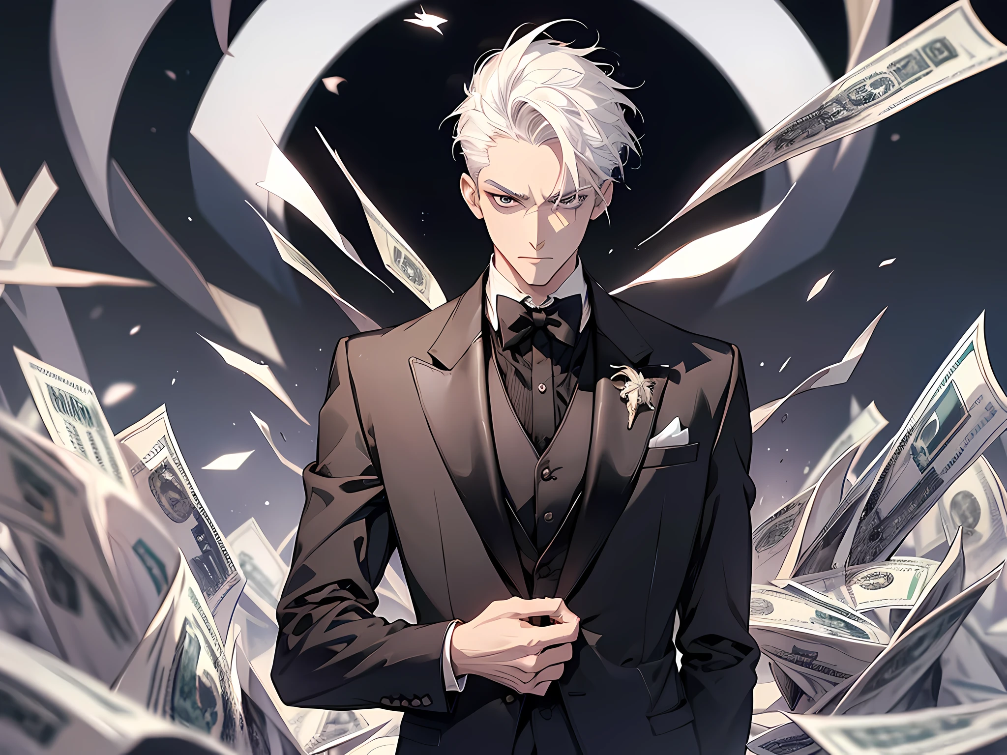 1 man, wearing tuxedo, short hair, half black half white hair, detailed eyes, face to detail, arrogant facial expression, standing pose, show off his money, money flying around him, the background is beijing city, close up illustration