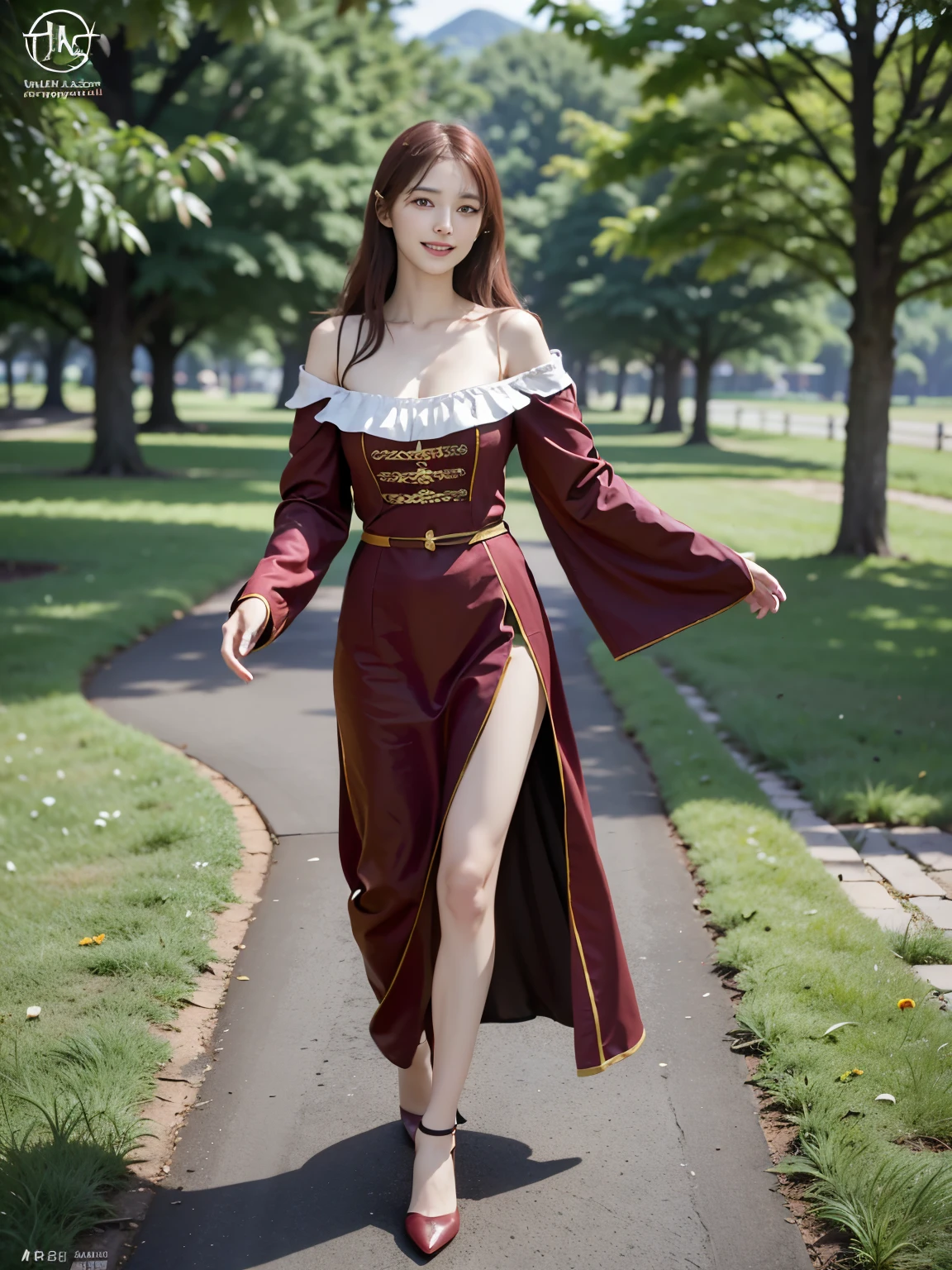 ((best quality)), ((masterpiece)), ((perfect face))、（detailed ）、Detailed and clear photos、((Walk in medieval European dress))、slender body、smile、Maroon hair、full body shot