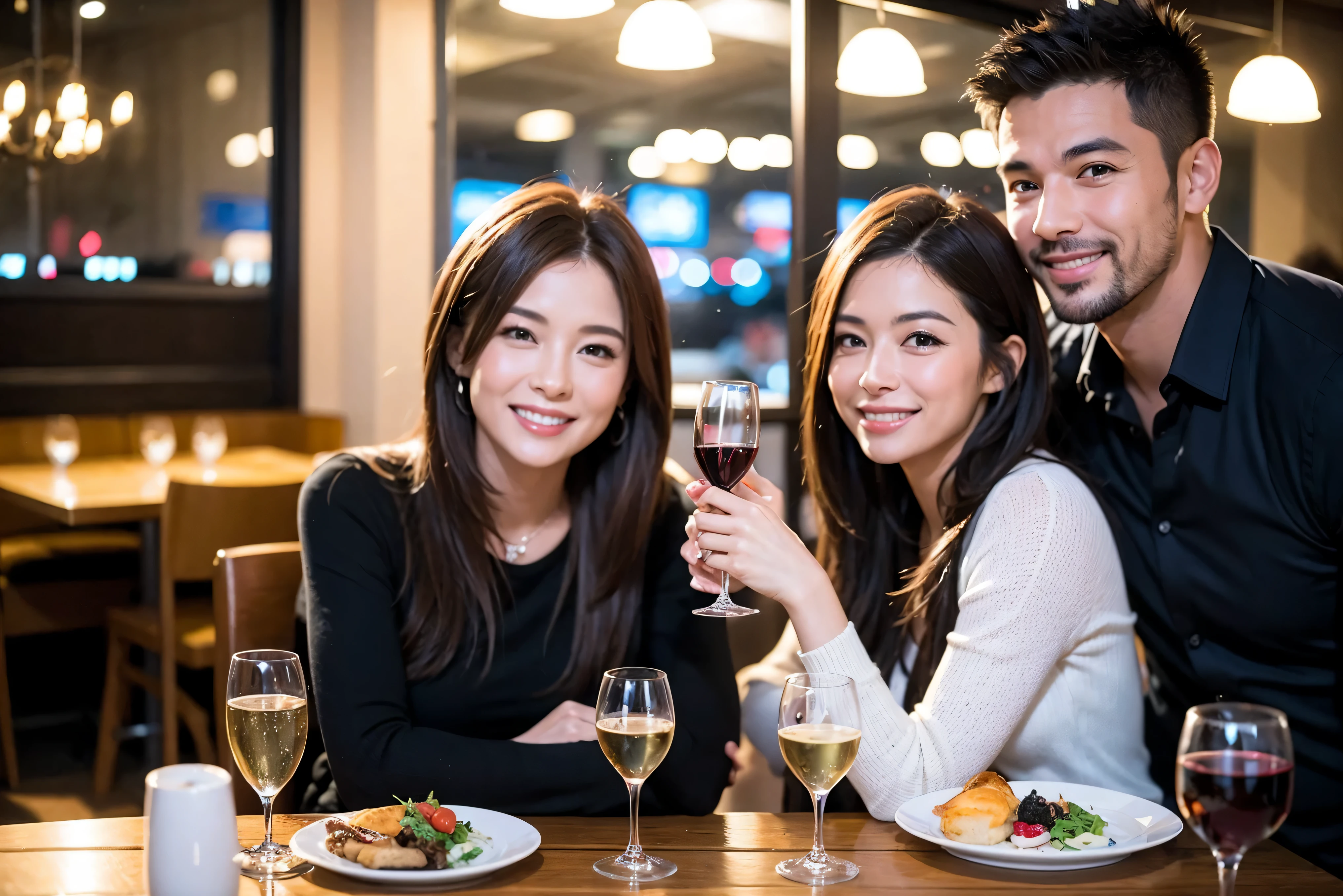 64k, UHD, highest quality, masterpiece: 1.2), (realistic, photorealistic: 1.37), Super detailed, celebration party、beauty、attractive、beautiful mature woman、3 women who love wine、three men、champagne、Sparkling wine、winter night、restaurantでワイン宴会、(slimな男女4名),(Wine party for 5 people)、(slimフェイス),Happy、 最高なsmile、Fox Face、Raccoon face、Berry Short、(because I'thin), (brown hair), (shortcut), long sleeve shirt、winter fashion、Colombia、Brazilian、Japanese、Dutch、German、Portuguese、Belgian、Italian、french, (gushing), (slimボティ), (brown hair), (shortcut), 端正なbeauty、cheeks blush a little, (41 years old), 38 years old, 35 years old、32 years old、 43 years old、A beautiful and detailed night view spreads out outside the window......, restaurant, wine glassが座っている, At night, in a prominent place (from the Upper body) nova frog style, actress, model, Upper body, White wine, slim, wine glass, Very beautiful night view, wine glass Put in the Middle, Happy smile, (smile: 1.15),