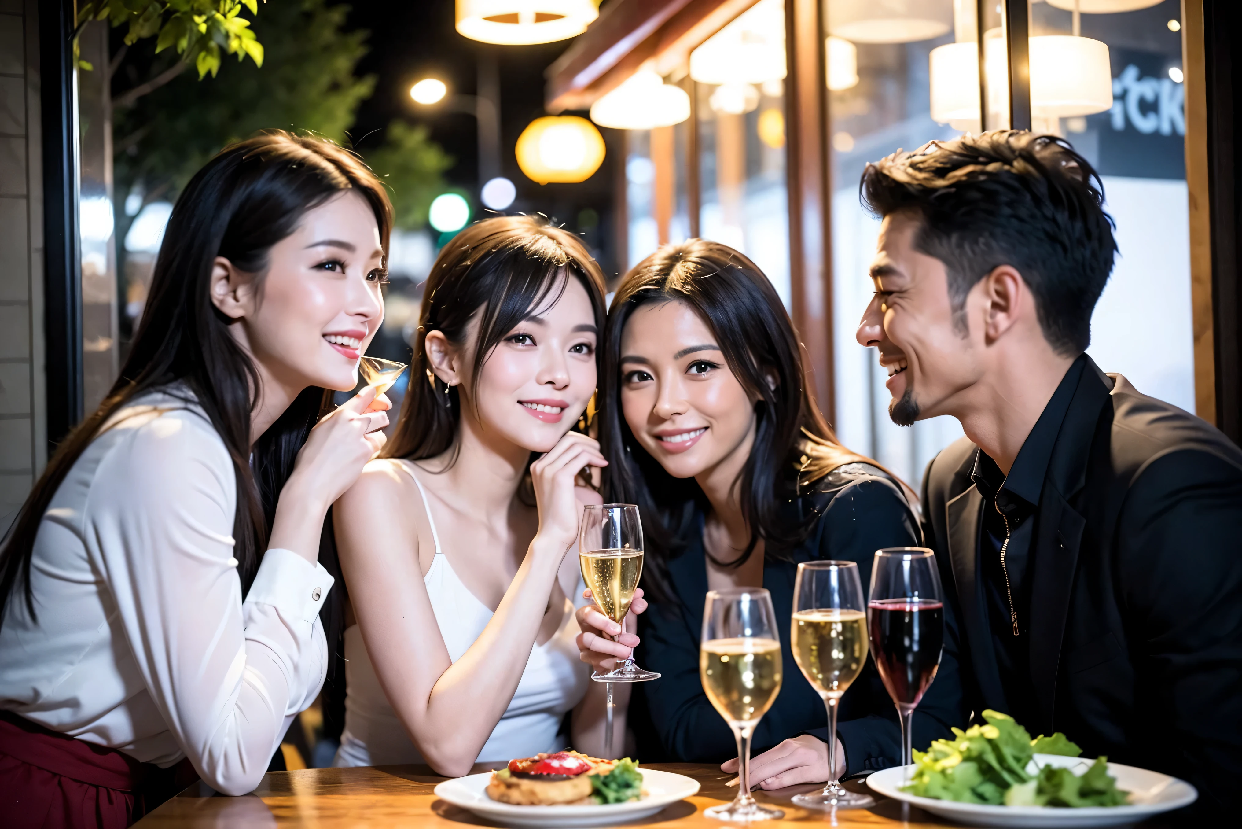 64k, UHD, highest quality, masterpiece: 1.2), (realistic, photorealistic: 1.37), Super detailed, celebration party、beauty、attractive、beautiful mature woman、3 women who love wine、three men、champagne、Sparkling wine、winter night、restaurantでワイン宴会、(slimな男女4名),(Wine party for 5 people)、(slimフェイス),Happy、 最高なsmile、Fox Face、Raccoon face、Berry Short、(because I&#39;thin), (brown hair), (shortcut), long sleeve shirt、winter fashion、Colombia、Brazilian、Japanese、Dutch、German、Portuguese、Belgian、Italian、french, (gushing), (slimボティ), (brown hair), (shortcut), 端正なbeauty、cheeks blush a little, (41 years old), 38 years old, 35 years old、32 years old、 43 years old、A beautiful and detailed night view spreads out outside the window......, restaurant, wine glassが座っている, At night, in a prominent place (from the Upper body) nova frog style, actress, model, Upper body, White wine, slim, wine glass, Very beautiful night view, wine glass Put in the Middle, Happy smile, (smile: 1.15), 