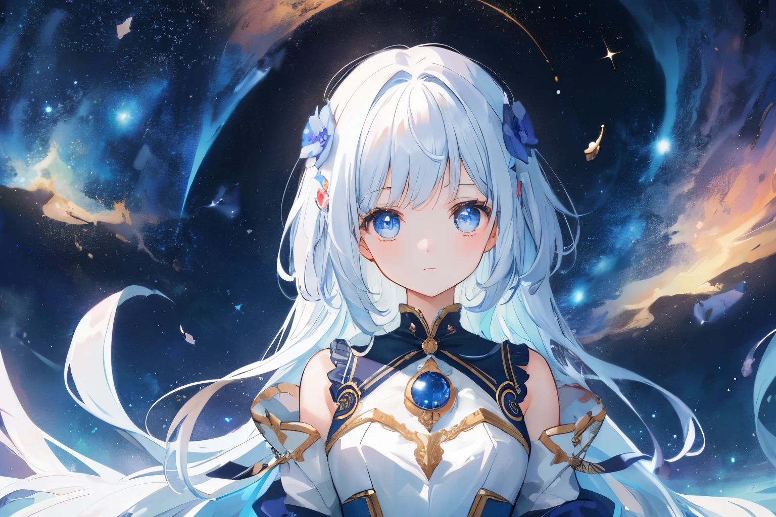 Craft a high-quality illustration of a girl wandering through outer space, her expression curious and enigmatic, while ensuring an overall sense of nostalgia and fantasy with meticulous attention to detail. Picture the scene with the girl floating gracefully amidst the stars and galaxies, her eyes filled with wonder as she explores the vastness of the cosmos. Capture the ethereal beauty of space, with swirling nebulae and distant planets creating a mesmerizing backdrop. Depict the girl with an expression that reflects her sense of awe and curiosity, her features soft yet captivating. Pay close attention to the fine details of her surroundings, including the intricate patterns of the stars and the subtle play of light and shadow. Aim for a composition that transports the viewer into a world of wonder and imagination, where the mysteries of the universe unfold before their eyes best quality, masterpiece