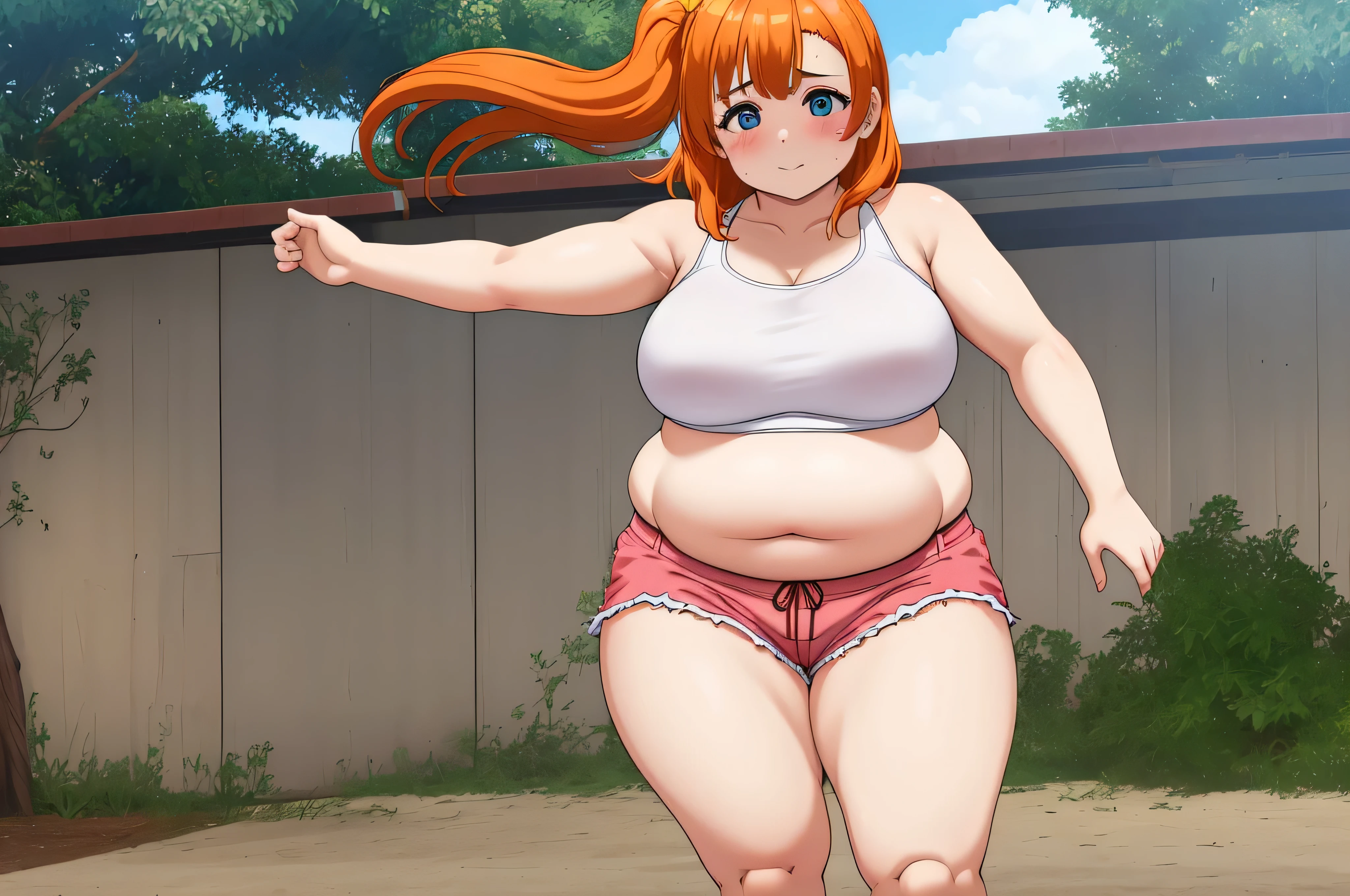 obra de arte,linda modelo feminina, cowboy baleado em de 30 anos,Kousaka honoka, Cabelo longo, shorts rosa quente, top branco, andando, ao ar livre,pernas de thicc,seios grandes,umbigo, cabelo laranja, curvado, muito gordo, quadris largos, enorme, coxas grossas e macias, muito gordo flabby arms, Realistic lighting, alto detalhe, Rosto detalhado, sombreamento realista, rolos de gordura, Tamanho Enorme, seios gigantescos e enormes transbordando de gordura, decote enorme, pesado, mais tamanho, everything is fat, textura macia, lindos olhos grandes, semi-realista, dynamic angle, muito gordo, fat arms