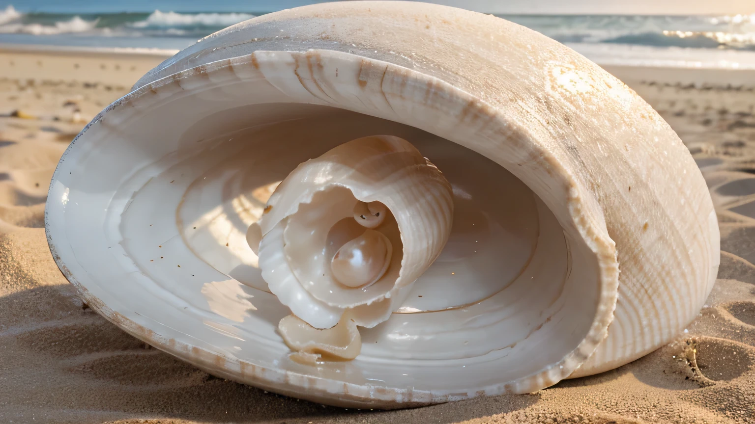 A huge pearl is hidden in the clam shell，This clam shell lies on the beach at sunset