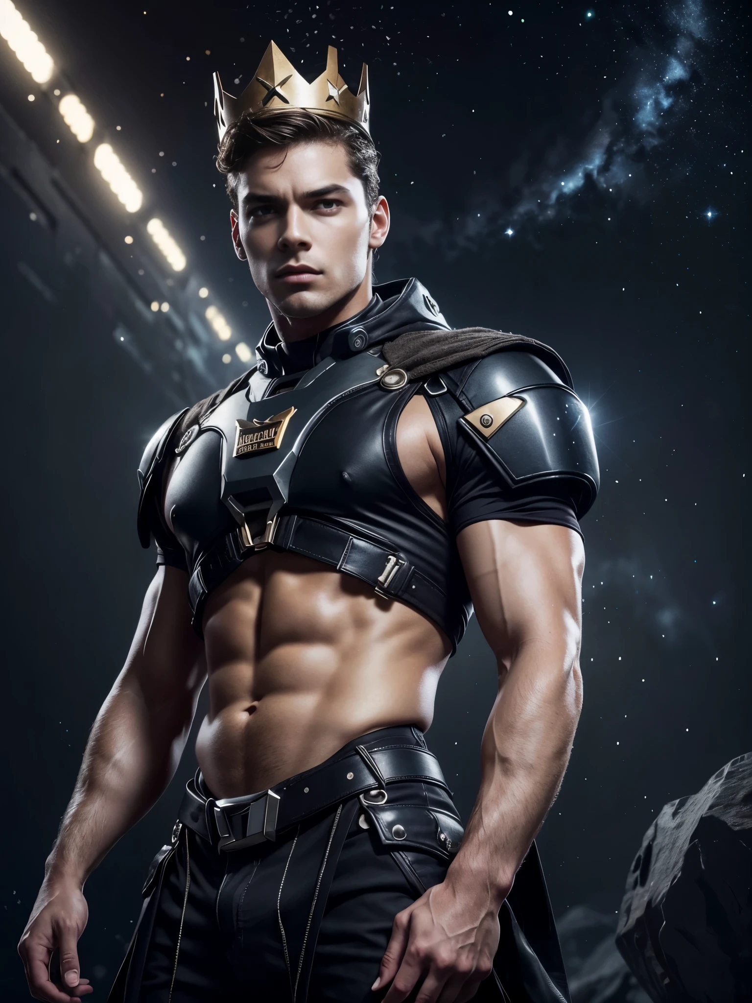 Photorealistic, twins, ((best quality)), ((masterpiece)), (detailed),masculine portrait of youngt futuristic prince, 18-year-old male models, handsome, tall, cute looking, evil look, dark look, powerful, young male, handsome model, clean shave, silver eyes. (short curly messy brown hair:1.2), messy curly hair, super strong, muscular, fit, massive muscles, six pack, shirtless, barechested, muscle, ripped, strong body, fit body, (dark evil masculine crown:1.4), futuristic small skirt, (futuristic draped cloth skirt), out space, galaxies, stars and planets in the background, (Dark background:1.6) constellations, galaxies, 8k, high detailed, ultra-detailed, Stylish Pose, real skin texture, dark cinematic lighting, outerspace, constellation, galaxies, stars in the background
