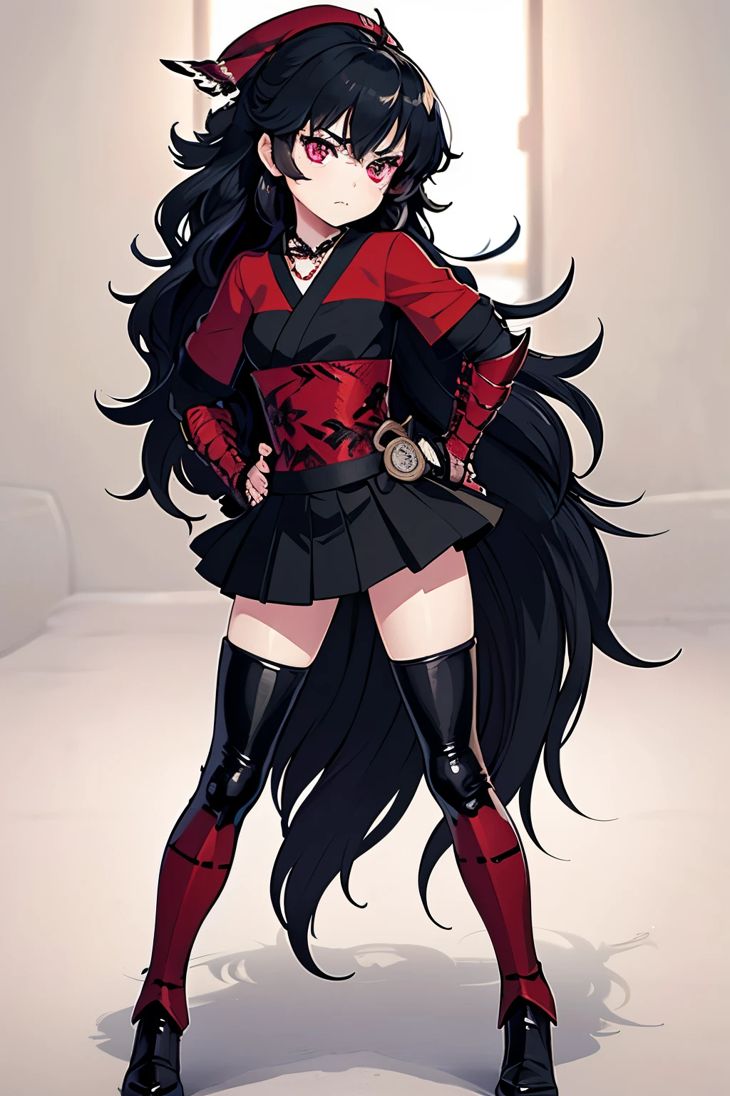 Anime, Girl, (((1girl))), (((Waifu, Raven Branwen, Raven Branwen Waifu))), (((Black Hair, Long Hair, Messy Hair))), ((Crimson Red Eyes eyes: 1.3, Upturned Eyes: 1, Perfect Eyes, Beautiful Detailed Eyes, Gradient eyes: 1, Finely Detailed Beautiful Eyes: 1, Symmetrical Eyes: 1, Big Highlight On Eyes: 1.2)), (((Lustrous Skin: 1.5, Bright Skin: 1.5, Skin Fair, Shiny Skin, Very Shiny Skin, Shiny Body, Plastic Glitter Skin, Exaggerated Shiny Skin, Illuminated Skin))), (Detailed Body, (Detailed Face)), Young, , (Best Quality), (((Bicep-high Gauntlets, Armored Boots, Thigh-high Heeled Boots, Armored Gauntlets))), (((Battle Kimono))), (((Skirt))), High Resolution, Sharp Focus, Ultra Detailed, Extremely Detailed, Extremely High Quality Artwork, (Realistic, Photorealistic: 1.37), 8k_Wallpaper, (Extremely Detailed CG 8k), (Very Fine 8K CG), ((Hyper Super Ultra Detailed Perfect Piece)), (((Flawless masterpiece))), Illustration, Vibrant Colors, (Intricate), High Contrast, Selective Lighting, Double Exposure, HDR (High Dynamic Range), Post-processing, Background Blur