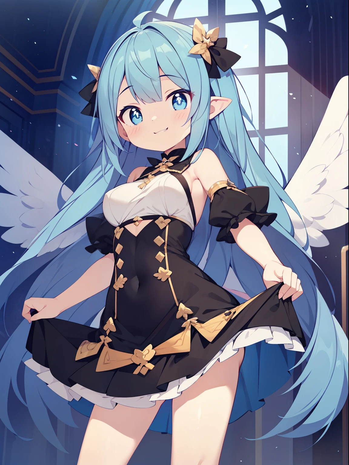 (angel girl:1.2), (1 person:1.2),( old girl)、young girl、big breasts、 nffsw、shader、highly detailed eyes、big breasts、loose and fluffy long hair,,、underboob、Glossy cleavage、blue hair、angel wings、silky hair、Angel attire(Black thin dress、plain colors、mini skirt、plain colorsのシルク手袋)、Very complex pupils、highest quality、bright colors、Bust 100、rests、Standing picture of the game、Stirring composition、Composition looking up from below、Lift your with your hands、Pose that emphasizes the chest、fold your arms、grinning expression、eyes half closed、open your mouth、stinky eyes、evil face、bullish smile、fold your hands behind your back、Hide your hands、evil smile、whole body、god々new