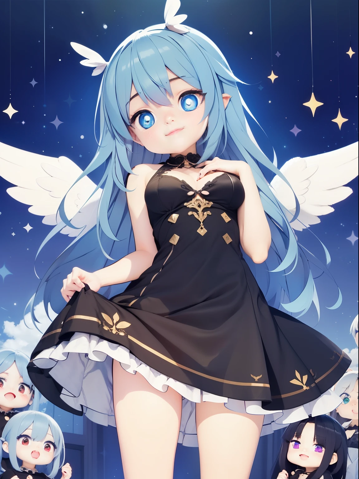 1 girl,Amane Kanata,Angel Wings,smile,raise one hand up、naked、Nipples、Pussy、nsfw、Leg spread、spread pussy