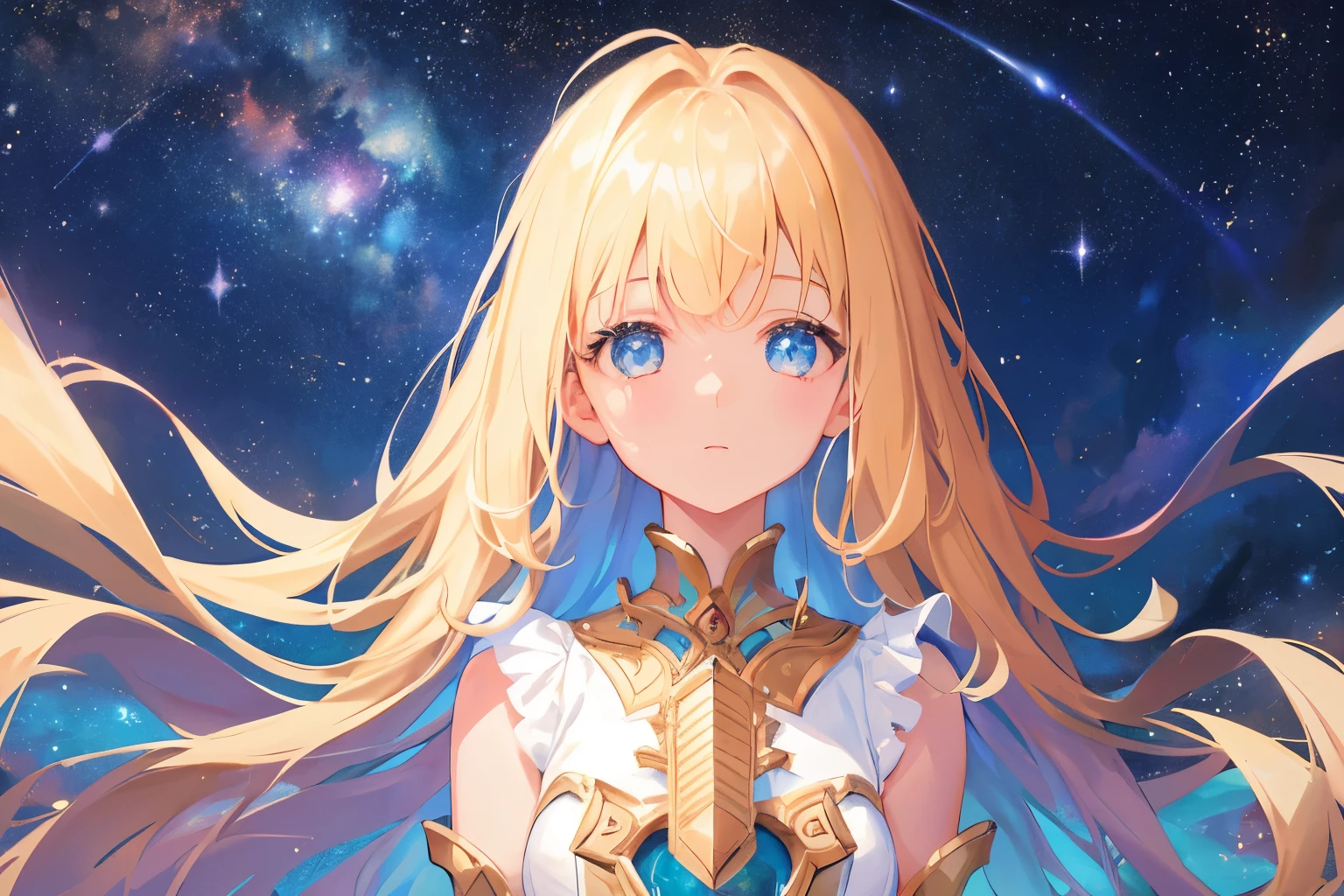 Craft a high-quality illustration of a girl wandering through outer space, her expression curious and enigmatic, while ensuring an overall sense of nostalgia and fantasy with meticulous attention to detail. Picture the scene with the girl floating gracefully amidst the stars and galaxies, her eyes filled with wonder as she explores the vastness of the cosmos. Capture the ethereal beauty of space, with swirling nebulae and distant planets creating a mesmerizing backdrop. Depict the girl with an expression that reflects her sense of awe and curiosity, her features soft yet captivating. Pay close attention to the fine details of her surroundings, including the intricate patterns of the stars and the subtle play of light and shadow. Aim for a composition that transports the viewer into a world of wonder and imagination, where the mysteries of the universe unfold before their eyes best quality, masterpiece