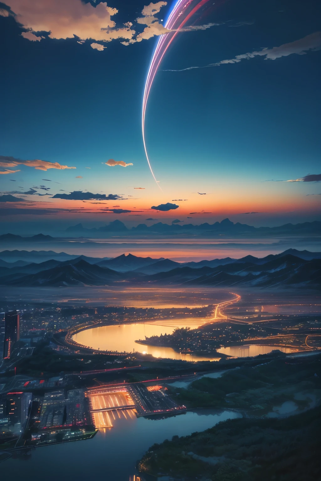 japanese, japanese style, Vast and majestic skyline、The big sky occupies two-thirds of the photo、There a deserted Japan city in the distance