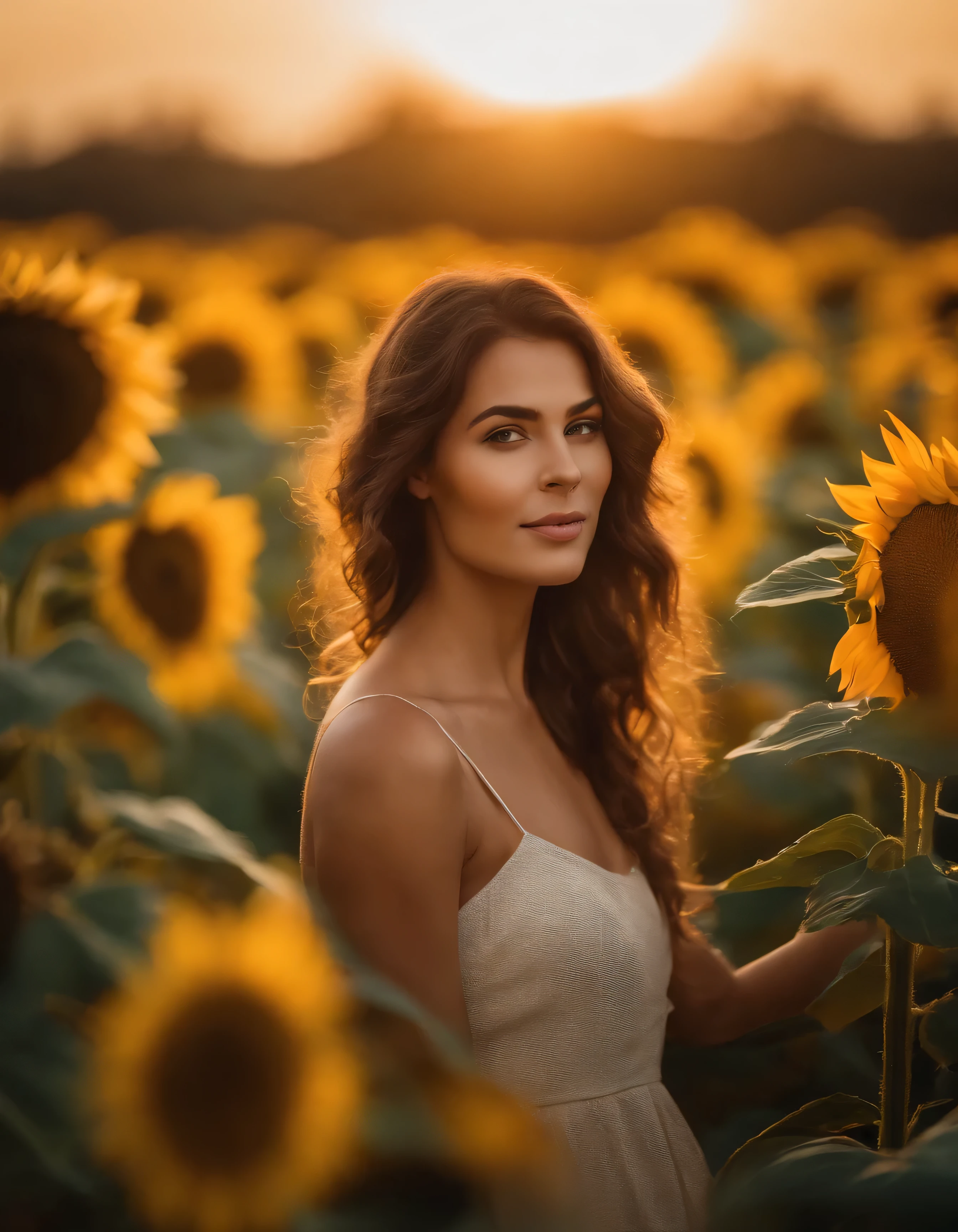 melhor qualidade,obra de arte,ultra high resolution,fotorrealista,foto crua,papel de parede da unidade 8k, Panorama, cinematic lighting, In the garden of sunflowers, sunset, luz solar manchada, golden hour lighting, backlight, fundo desfocado, (reflexo de lente), vento, Cores pastel, Luz suave, 1 garota,cabelo curto flutuante, Pequeno, triste,tronco