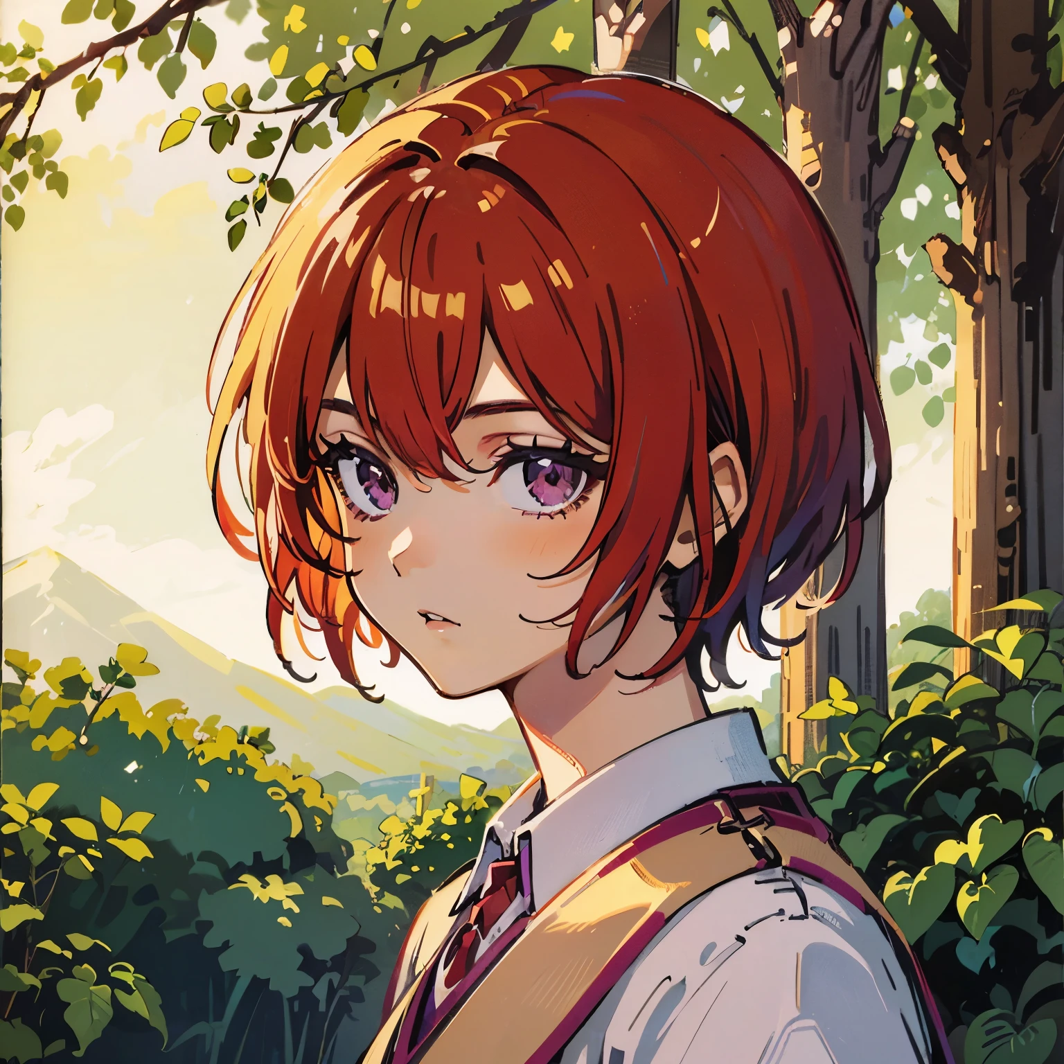 ((Best quality)), ((masterpiece)), (detailed), perfect face, lovely guy, 17 years,  Red hair, short hair, Bright purple eyes, in beautiful clothes, In the woods