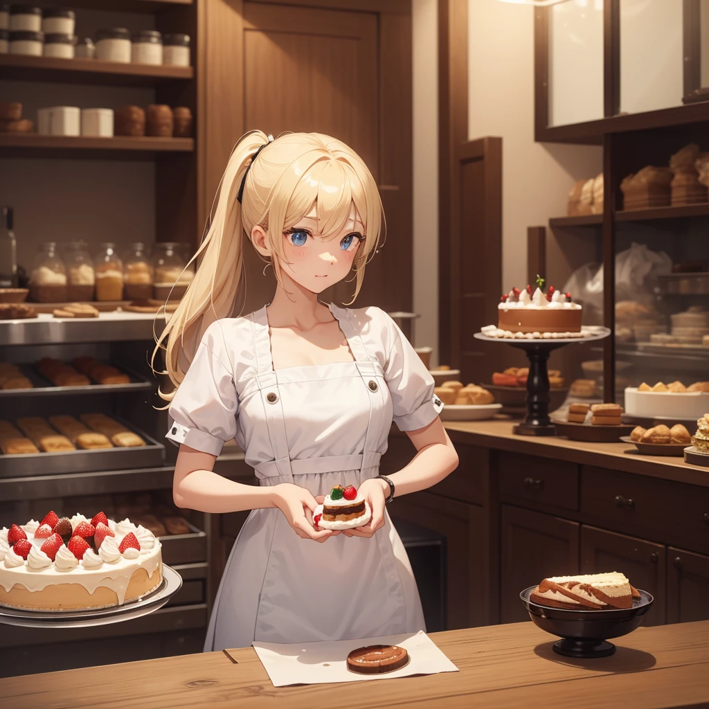 male people、patissier、a cake、soio、a blond、full body、hightquality、masterpiece、animesque