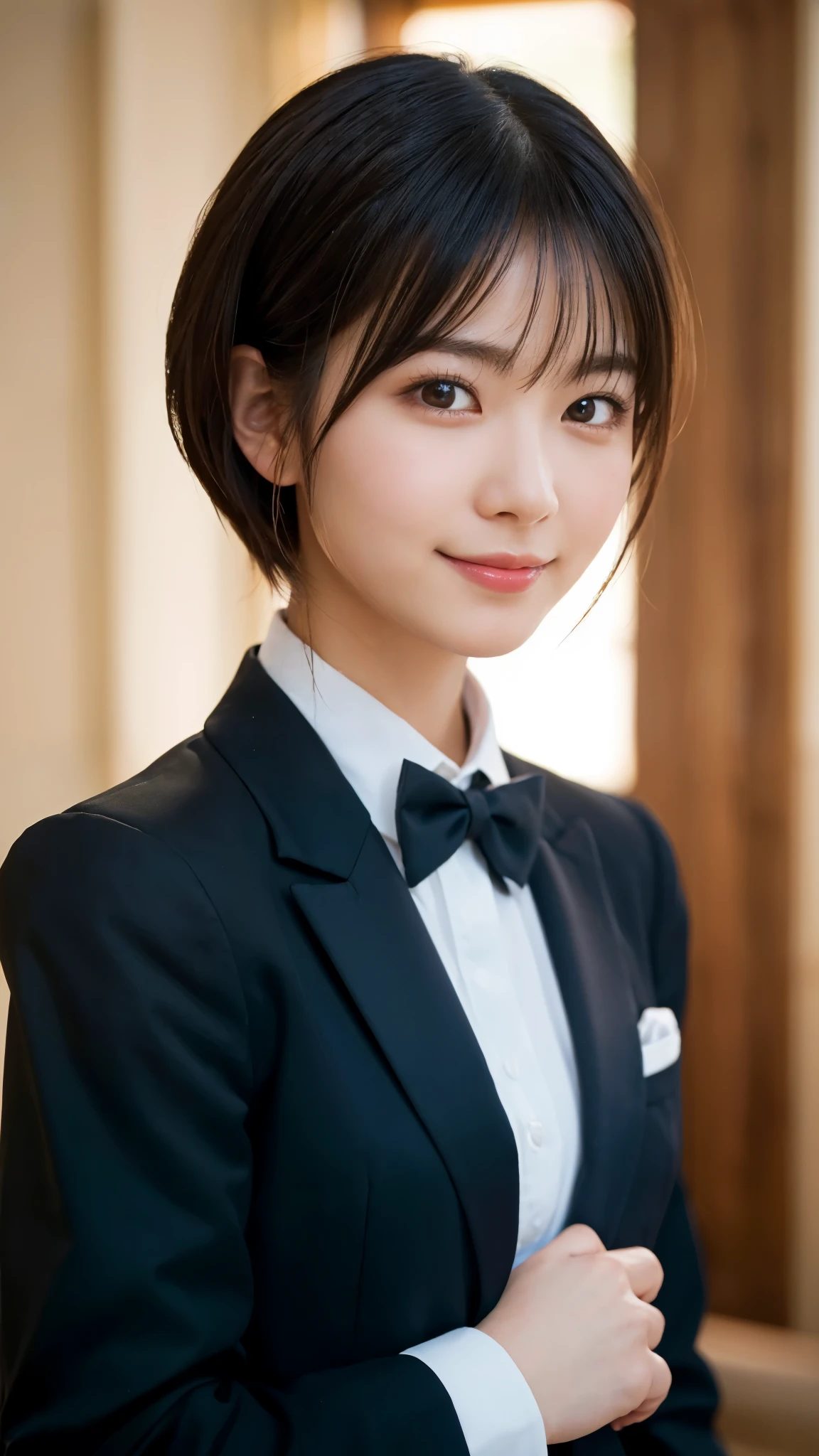 (highest quality,masterpiece:1.3,ultra high resolution),(Super detailed,caustics,8k),(photorealistic:1.4,RAW shooting),girl dressed as a butler,Japanese,boyish,smile,20-year-old,black hair short cut,looking at the camera,Inside a Western-style mansion,shot from the waist up,front,face focus,Face close-up,(Warm light),professional writing