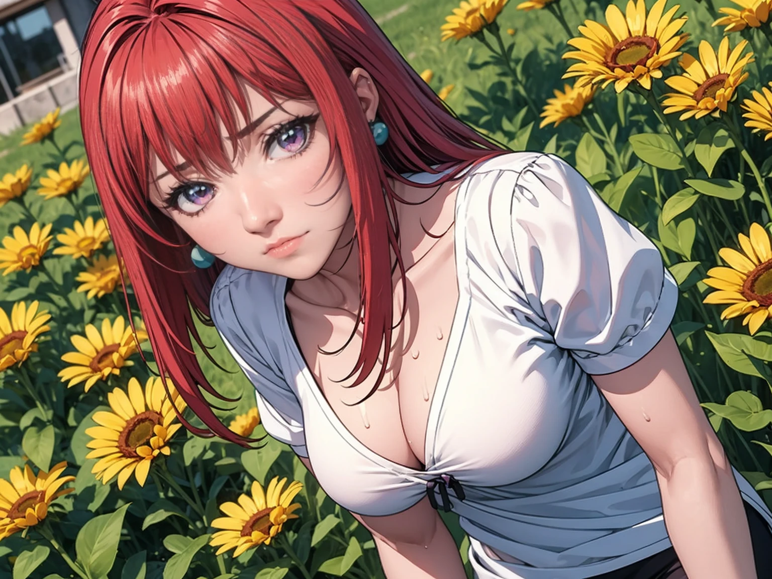 (TakashiroHiroko)/+/+/red hair/+/+/(purple eye)/+/+/Long hair/+/+/(mature female) white shirt,,/+/+/close up /+/+/(red lpstick)/+/+/Earring earrings/+/+//+/+/chain,/+/+/ small_breasts,/+/+/(Sweat)/+/+/(shiny skin),/+/+//+/+/, /+/+/kawai/+/+/cute,(flowers meadows), handsome /+/+/High definition/+/+/ high contrast/+/+/ high saturation/+/+/best shadows perfectlighting/+/+/ original_outfit/+/+/clear details,/+/+/