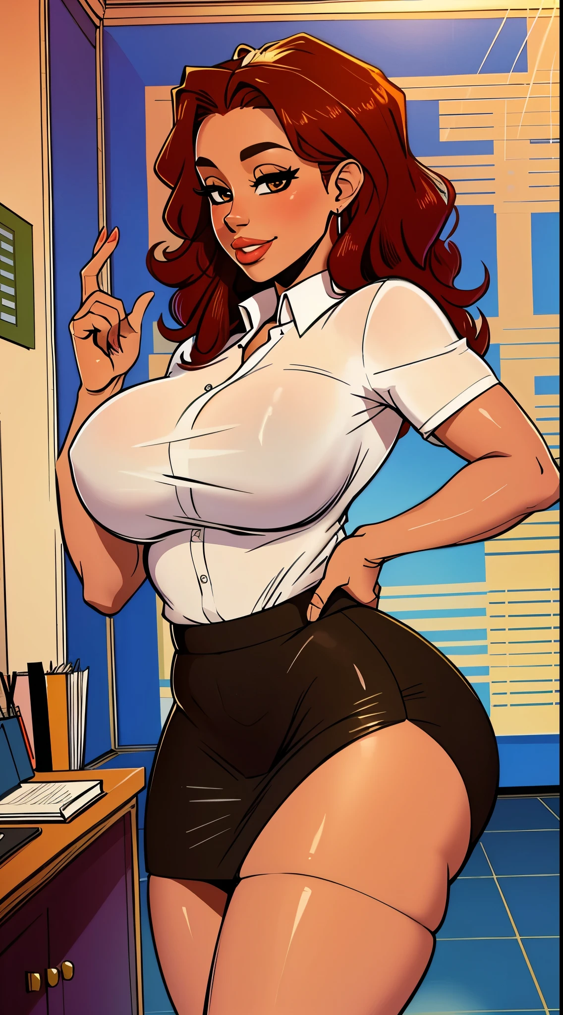 Best quality, solo woman, pretty, light brown skin, very curvy, massive breasts, massive ass, seductive smile, mid length curly pretty red hair, brown eyes, teacher uniform, short pencil skirt, full lips, seductive, mature, kissing a guy