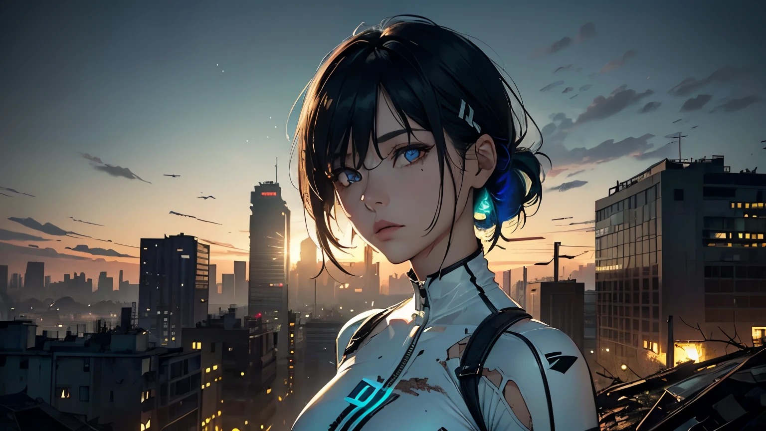 Editorial Style photo, Elevated view,   1woman, fit-muscled body, bright yellow eyes，dark blue hair , blue eyes, With round lenses, The audience watched carefully, (s face: 1.2), Perfect female figure, ((standing)), ((neon white Tight crop top neon white leather suit), Post-apocalyptic, Ruined cityscape, Crumbling skyscrapers, Weathered and worn textures, Overgrown vegetation reclaiming the city, Desaturated urban decay tones, Wasteland Innovations, Harsh, natural sunlight, Decaying urban ruins, Afternoon, Desolate and abandoned, Dilapidated high-rises and overgrown infrastructure —ar 16:9 —s 500, face close up,  Late night, ((Bonifasko lighting)), (The round lenses on his eyes)(詳細な目), Perfect student, face close up
