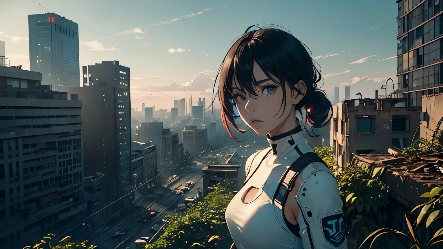 Editorial Style photo, Elevated view,   1woman, fit-muscled body, bright yellow eyes，dark blue hair , blue eyes, With round lenses, The audience watched carefully, (s face: 1.2), Perfect female figure, ((standing)), ((neon white Tight crop top neon white leather suit), Post-apocalyptic, Ruined cityscape, Crumbling skyscrapers, Weathered and worn textures, Overgrown vegetation reclaiming the city, Desaturated urban decay tones, Wasteland Innovations, Harsh, natural sunlight, Decaying urban ruins, Afternoon, Desolate and abandoned, Dilapidated high-rises and overgrown infrastructure —ar 16:9 —s 500, face close up,  Late night, ((Bonifasko lighting)), (The round lenses on his eyes)(詳細な目), Perfect student, face close up