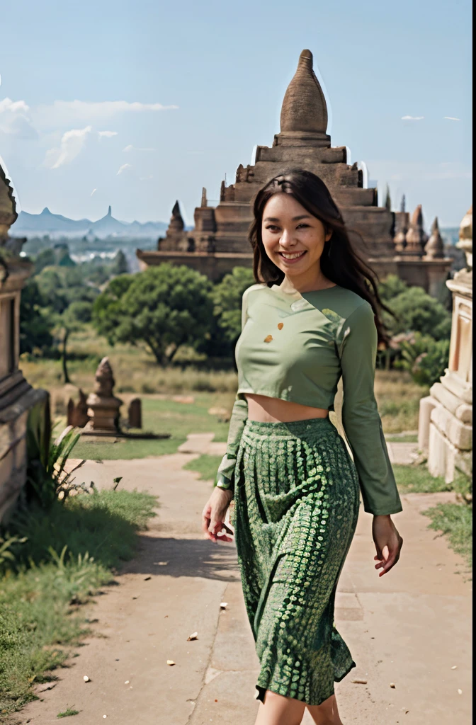 

a beautiful girl with cute dimples, smiling, wearing
burmese dress, walking in Bagan's street, 
ACMM LS OUTFIT, WEARING ACMM TOP OLIVE
GREEN ACMM TOP; LONG SLEEVES, WEARING
ACMM LONG SKIRT, OLIVE GREEN ACMM LONG
SKIRT, PRINTED SKIRT
OUTDOORS, SCENERY, TRADITIONAL MEDIA,
SKY, DAY, PHOTO BACKGROUND, REAL WORLD
LOCATION, ARCHITECTURE, NATURE, RUINS
LANDSCAPE, BAGAN ANCIENT PAGODA
BACKGROUND