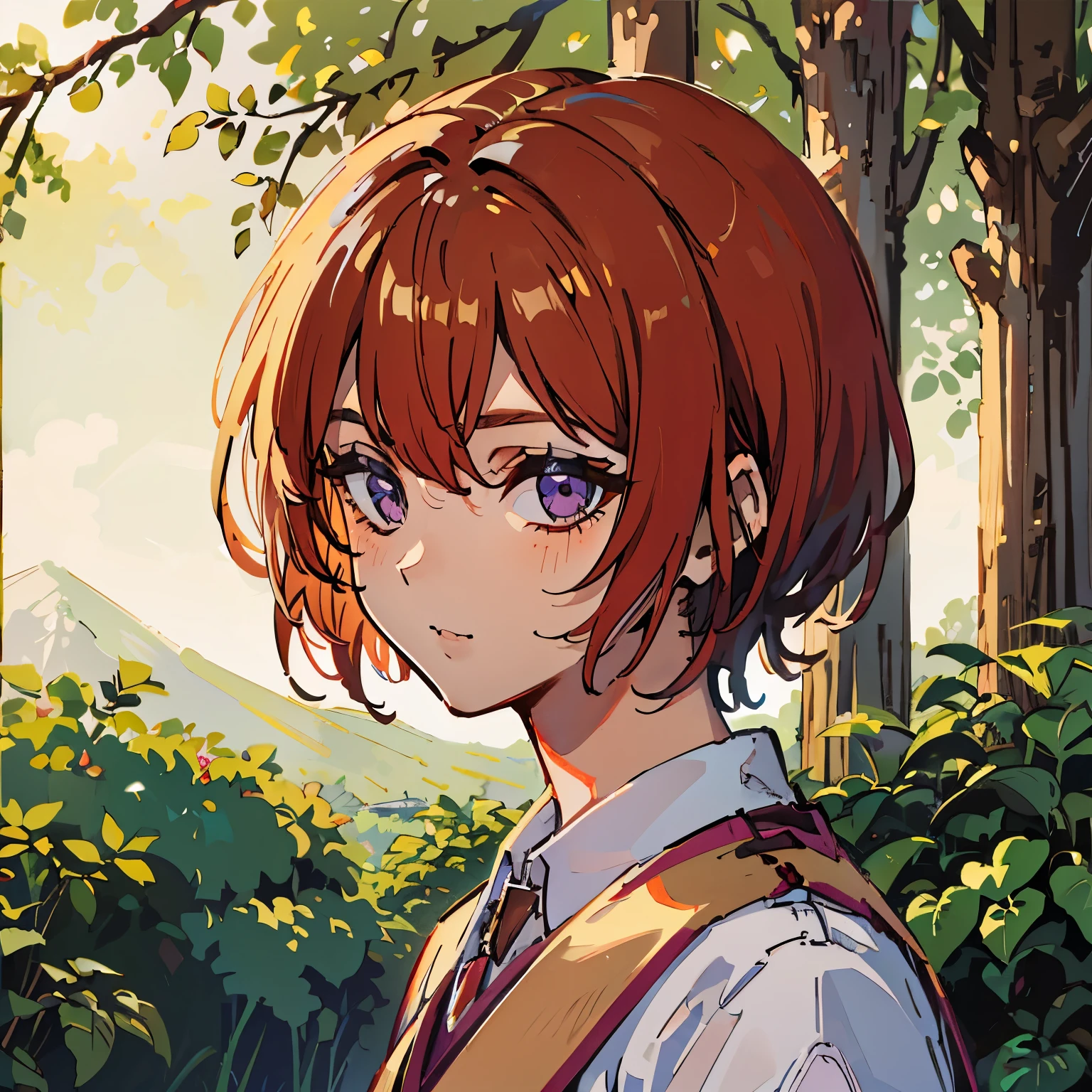 ((Best quality)), ((masterpiece)), (detailed), perfect face, lovely guy, 17 years,  Red hair, short hair, Bright purple eyes, in beautiful clothes, In the woods