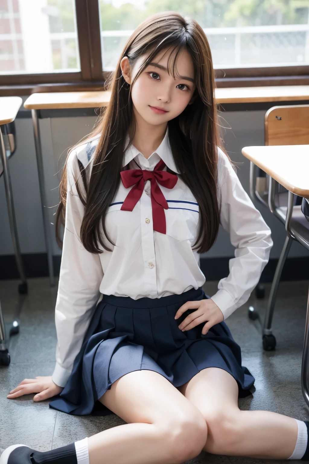 classroom、high school student、school uniform、sitting on the ground、I can see inside the skirt、white underwear