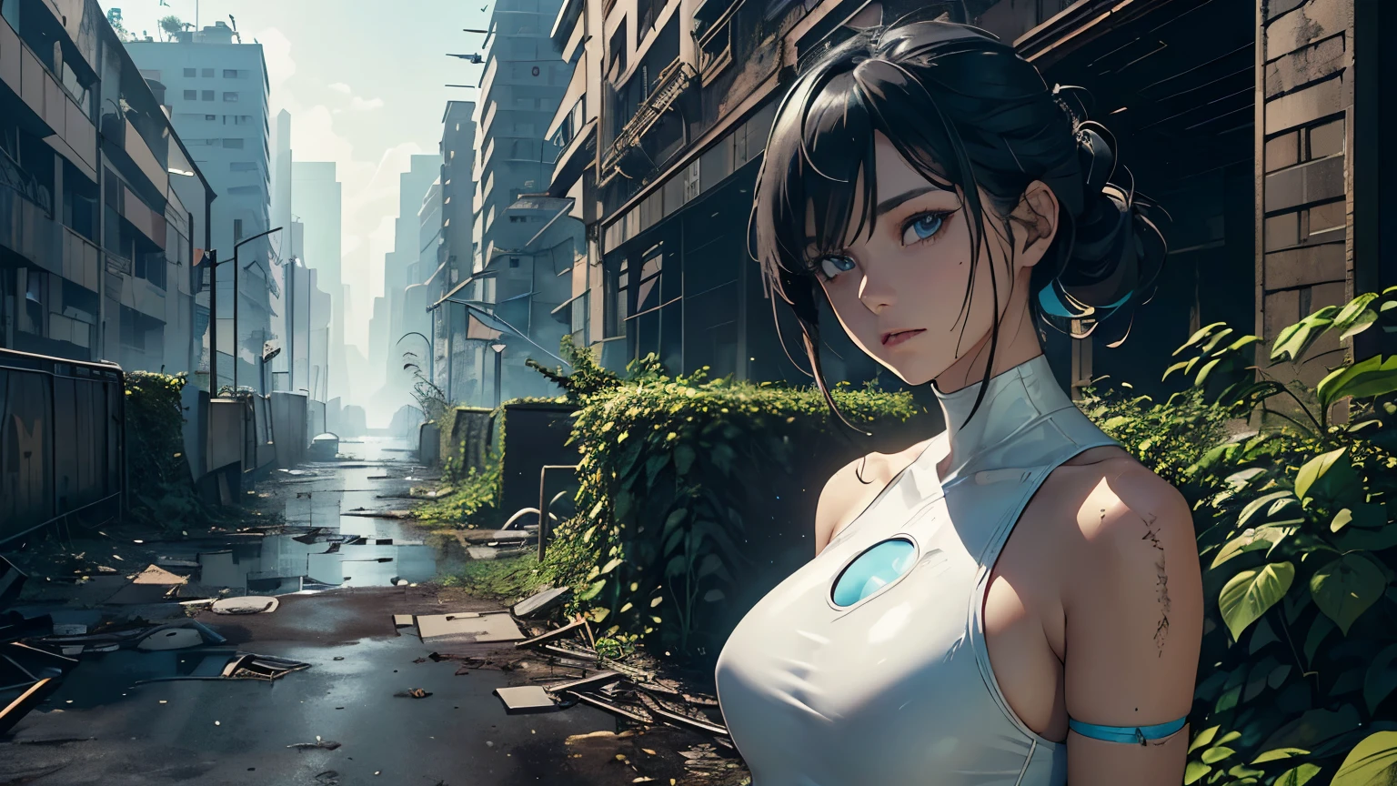 Editorial Style photo, Elevated view, 1woman, fit-muscled body, medium breast, bright yellow eyes,dark blue hair , blue eyes, With round lenses, The audience watched carefully, (s face: 1.2), Perfect female figure, ((standing)), ((neon white Tight crop top neon white leather suit), Post-apocalyptic, Ruined cityscape, Crumbling skyscrapers, Weathered and worn textures, Overgrown vegetation reclaiming the city, Desaturated urban decay tones, Wasteland Innovations, Harsh, natural sunlight, Decaying urban ruins, Afternoon, Desolate and abandoned, Dilapidated high-rises and overgrown infrastructure —ar 16:9 —s 500, face close up, Late night, ((Bonifasko lighting)), (The round lenses on his eyes)(詳細な目), Perfect student, face close up