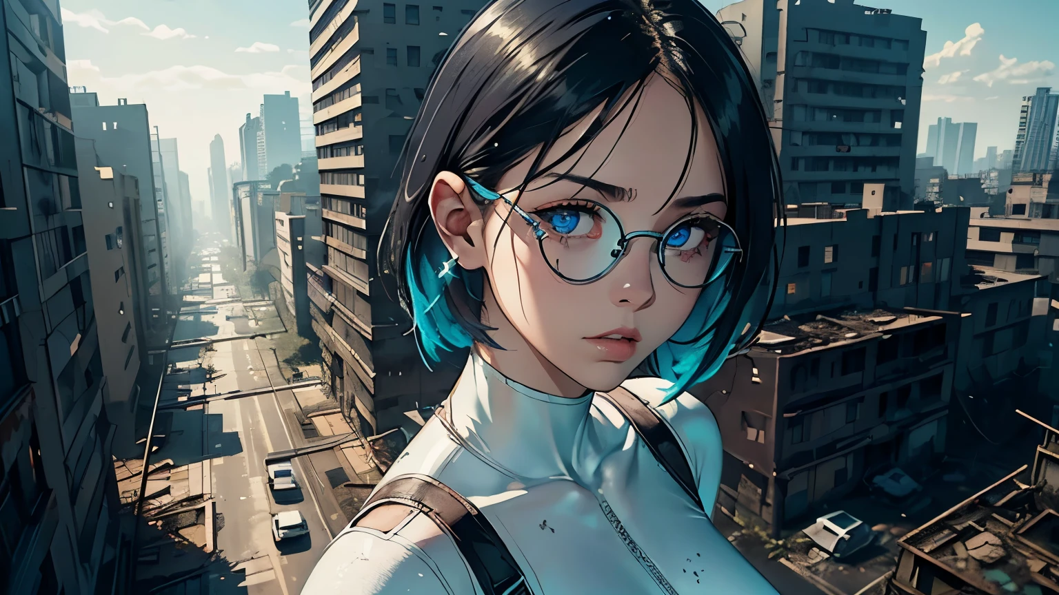 Editorial Style photo, Elevated view, 1woman, fit-muscled body, medium breast, bright yellow eyes,dark blue hair , blue eyes, With round lenses, The audience watched carefully, (s face: 1.2), Perfect female figure, ((standing)), ((neon white Tight crop top neon white leather suit), Post-apocalyptic, Ruined cityscape, Crumbling skyscrapers, Weathered and worn textures, Overgrown vegetation reclaiming the city, Desaturated urban decay tones, Wasteland Innovations, Harsh, natural sunlight, Decaying urban ruins, Afternoon, Desolate and abandoned, Dilapidated high-rises and overgrown infrastructure —ar 16:9 —s 500, face close up, Late night, ((Bonifasko lighting)), (The round lenses on his eyes)(詳細な目), Perfect student, face close up