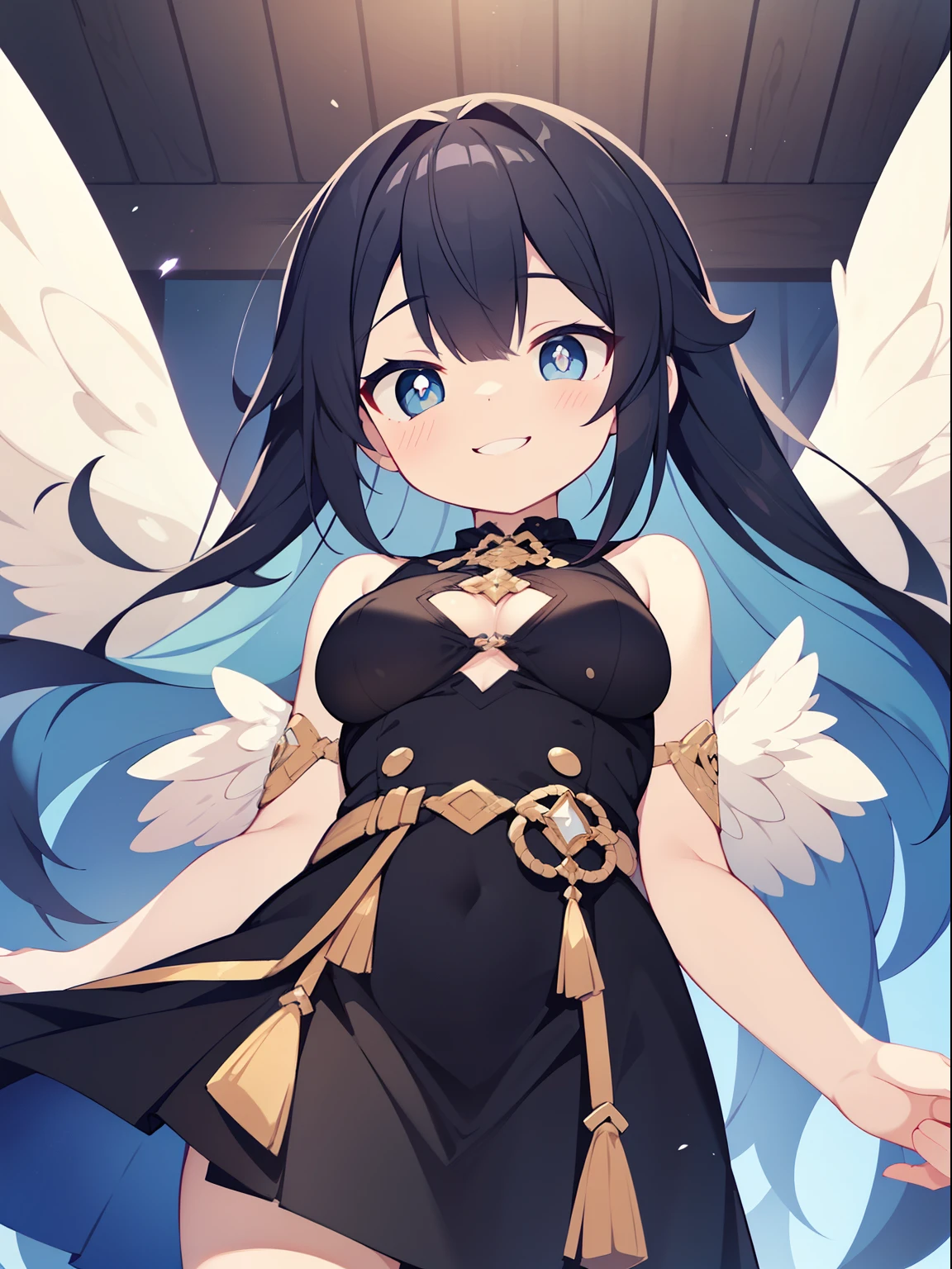 (angel girl:1.2), (1 person:1.2),(10 year old girl)、young girl、big breasts、 nffsw、shader、highly detailed eyes、big breasts、loose and fluffy long hair,,、underboob、Glossy cleavage、blue hair、angel wings、silky hair、Angel attire(Black thin dress、plain colors、mini skirt、plain colorsのシルク手袋)、Very complex pupils、highest quality、bright colors、Bust 100、rests、Standing picture of the game、Stirring composition、Composition looking up from below、Lift your with your hands、Pose that emphasizes the chest、fold your arms、grinning expression、eyes half closed、open your mouth、stinky eyes、evil face、bullish smile、fold your hands behind your back、Hide your hands、evil smile、whole body、god々new