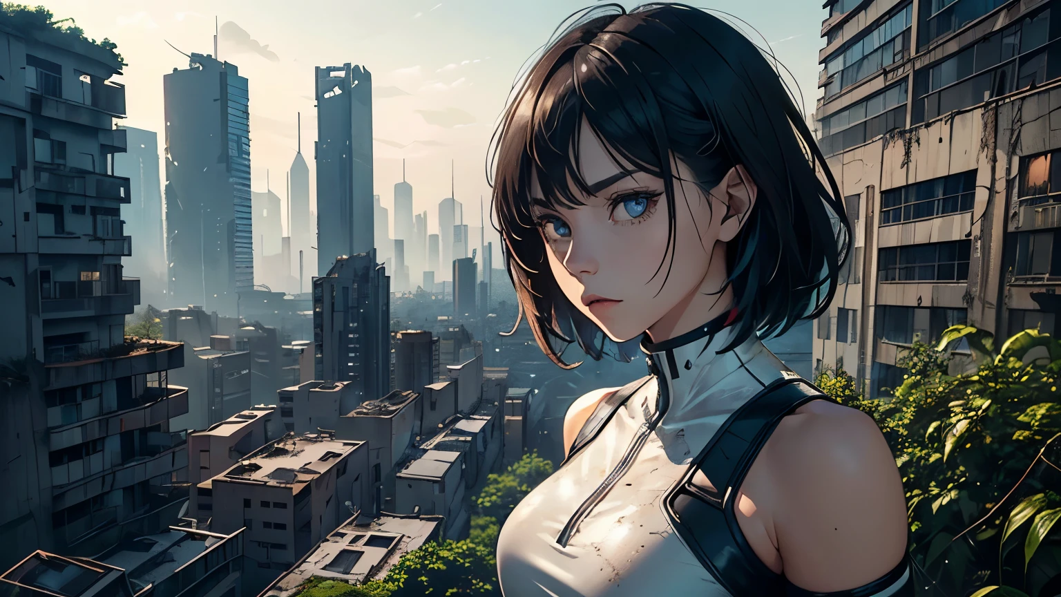 Editorial Style photo, Elevated view,   1woman, fit-muscled body, medium breast, bright yellow eyes，dark blue hair , blue eyes, With round lenses, The audience watched carefully, (s face: 1.2), Perfect female figure, ((standing)), ((neon white Tight crop top neon white leather suit), Post-apocalyptic, Ruined cityscape, Crumbling skyscrapers, Weathered and worn textures, Overgrown vegetation reclaiming the city, Desaturated urban decay tones, Wasteland Innovations, Harsh, natural sunlight, Decaying urban ruins, Afternoon, Desolate and abandoned, Dilapidated high-rises and overgrown infrastructure —ar 16:9 —s 500, face close up,  dark knigh night, ((Bonifasko lighting)), (The round lenses on his eyes)(詳細な目), Perfect student, face close up