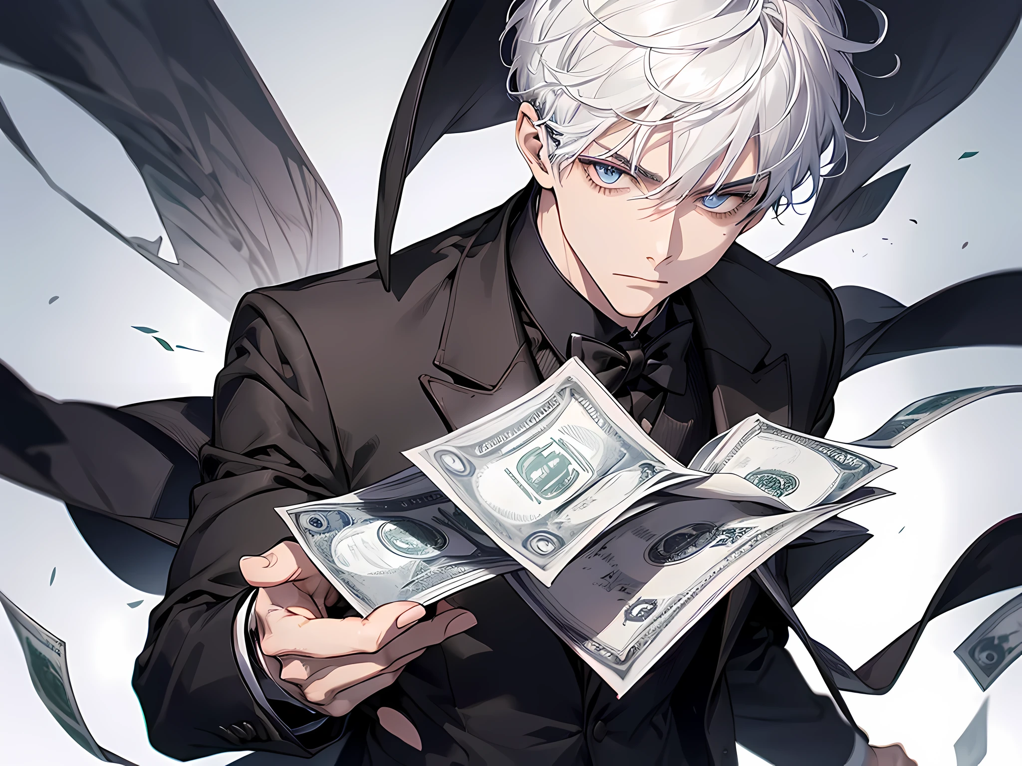 1 man, wearing tuxedo, short hair, half black half white hair, detailed eyes, face to detail, arrogant facial expression, standing pose, show off his money, money flying around him, the background is beijing city, close up illustration