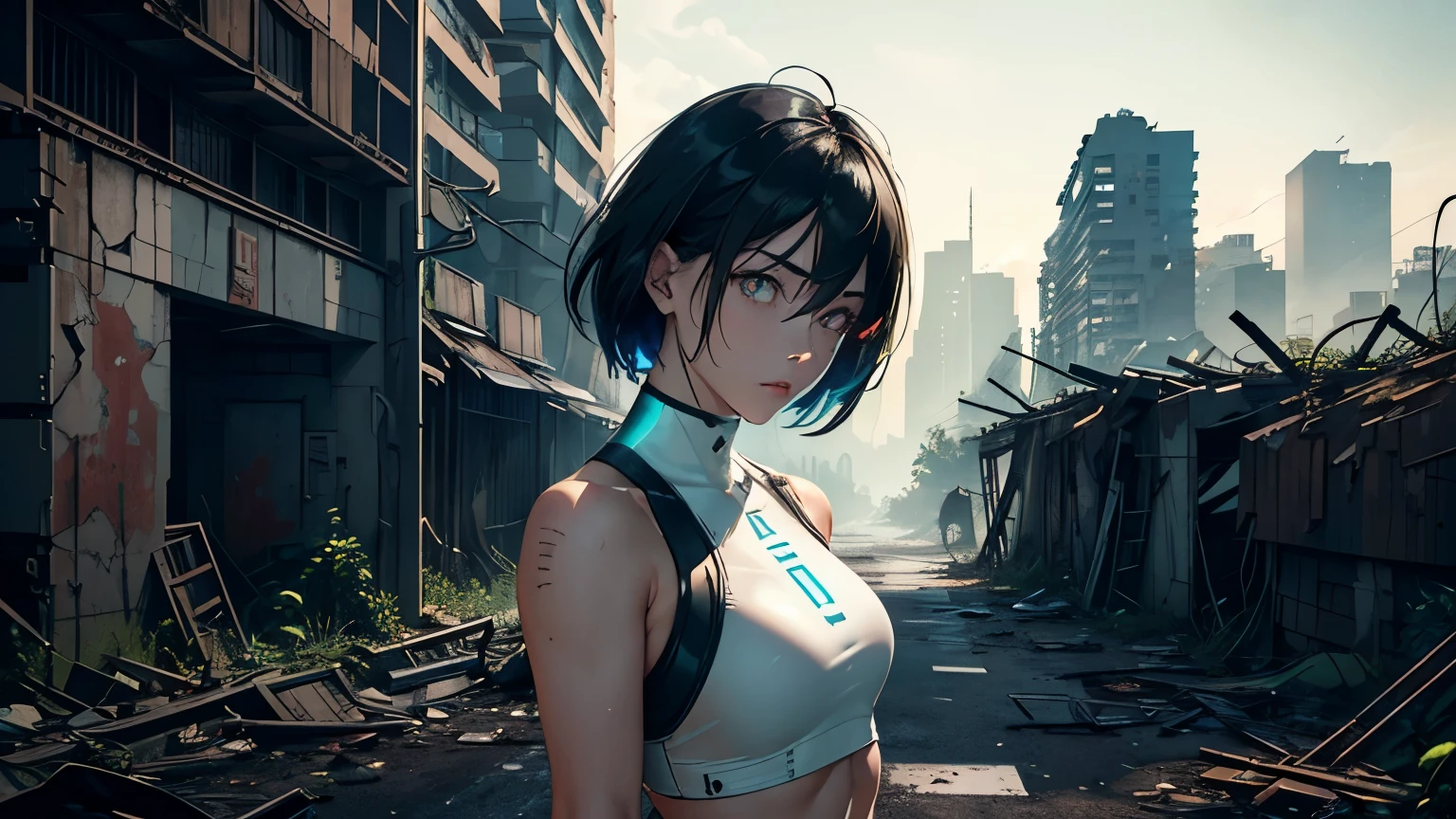 Editorial Style photo, Elevated view, 1woman, fit-muscled body, medium breast, bright yellow eyes,dark blue hair , blue eyes, With round lenses, The audience watched carefully, (s face: 1.2), Perfect female figure, ((standing)), ((neon white Tight crop top neon white leather suit), Post-apocalyptic, Ruined cityscape, Crumbling skyscrapers, Weathered and worn textures, Overgrown vegetation reclaiming the city, Desaturated urban decay tones, Wasteland Innovations, Harsh, natural sunlight, Decaying urban ruins, mid night, Desolate and abandoned, Dilapidated high-rises and overgrown infrastructure —ar 16:9 —s 500, face close up, dark knigh night, ((Bonifasko lighting)), (The round lenses on his eyes)(詳細な目), Perfect student, face close up