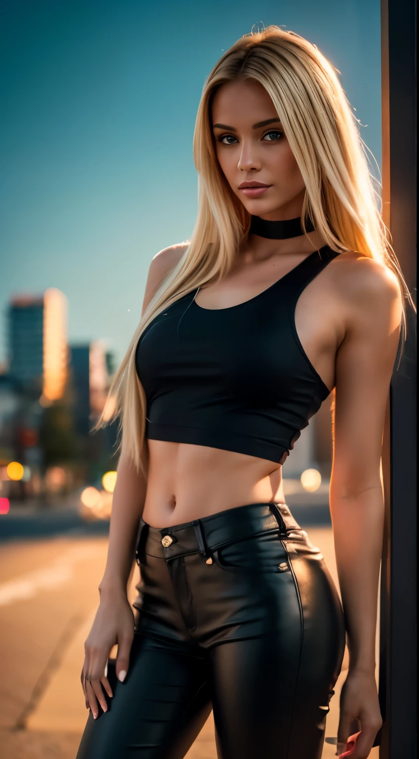 full-length, white, blonde woman standing in a whistler square ( - Canada), wearing a green leather jacket over a thin, transparent low-cut tank top. She wears matte black leather pants. The woman has a beautiful, toned,  body. The image is realistic, highly detailed. Very high resolution, 8k rendering, late afternoon lighting with the sun setting and the horizon red. The city lights are on. The lighting is perfect, the scene is sharp, extreme realism, cinematic image.